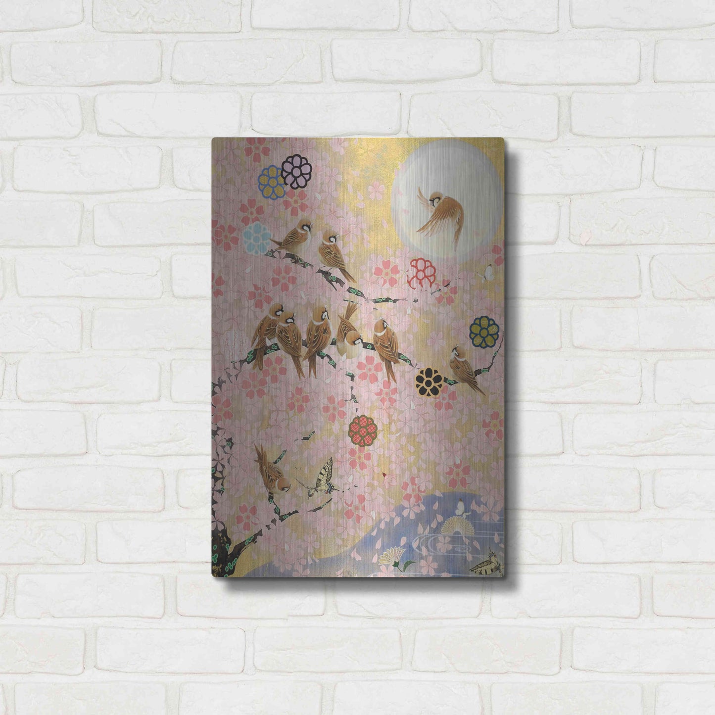 Luxe Metal Art 'Jolly Sparrows' by Zigen Tanabe, Metal Wall Art,16x24