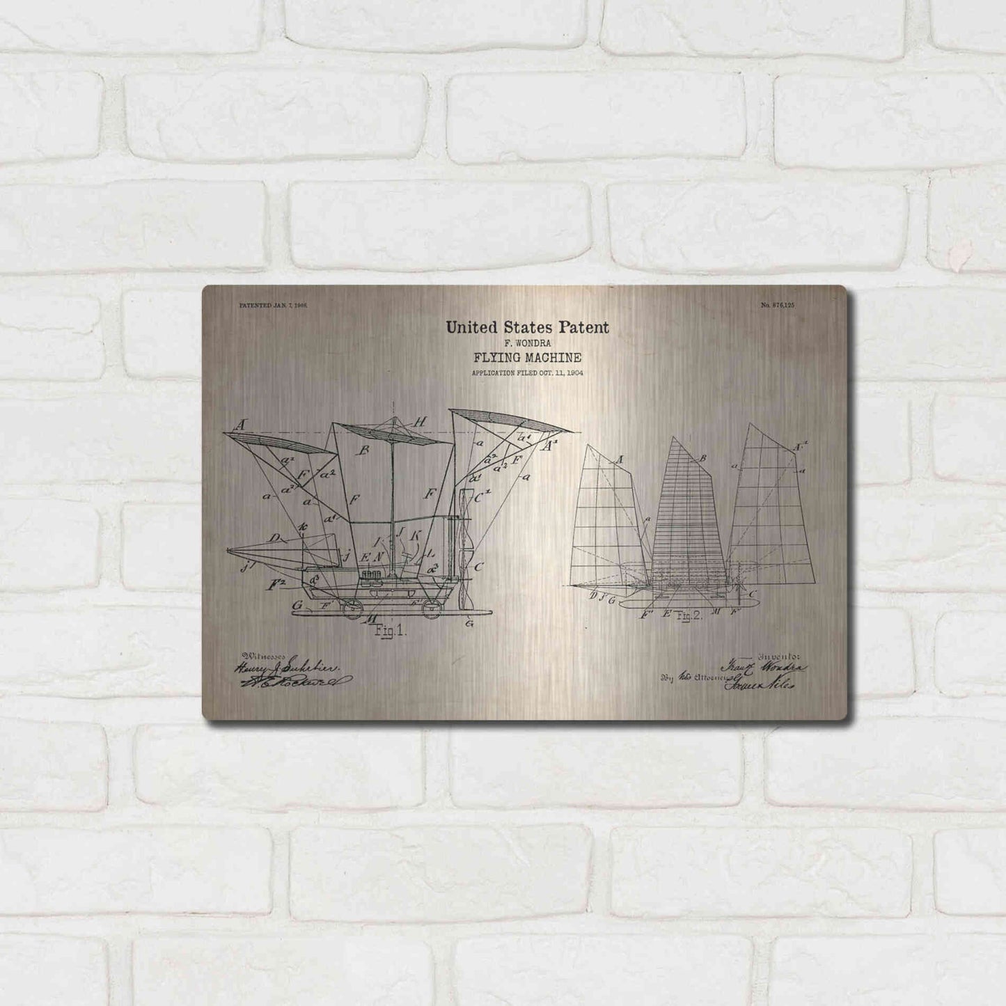 Luxe Metal Art 'Flying Machine, 1904 Blueprint Patent Parchment' Metal Wall Art,16x12