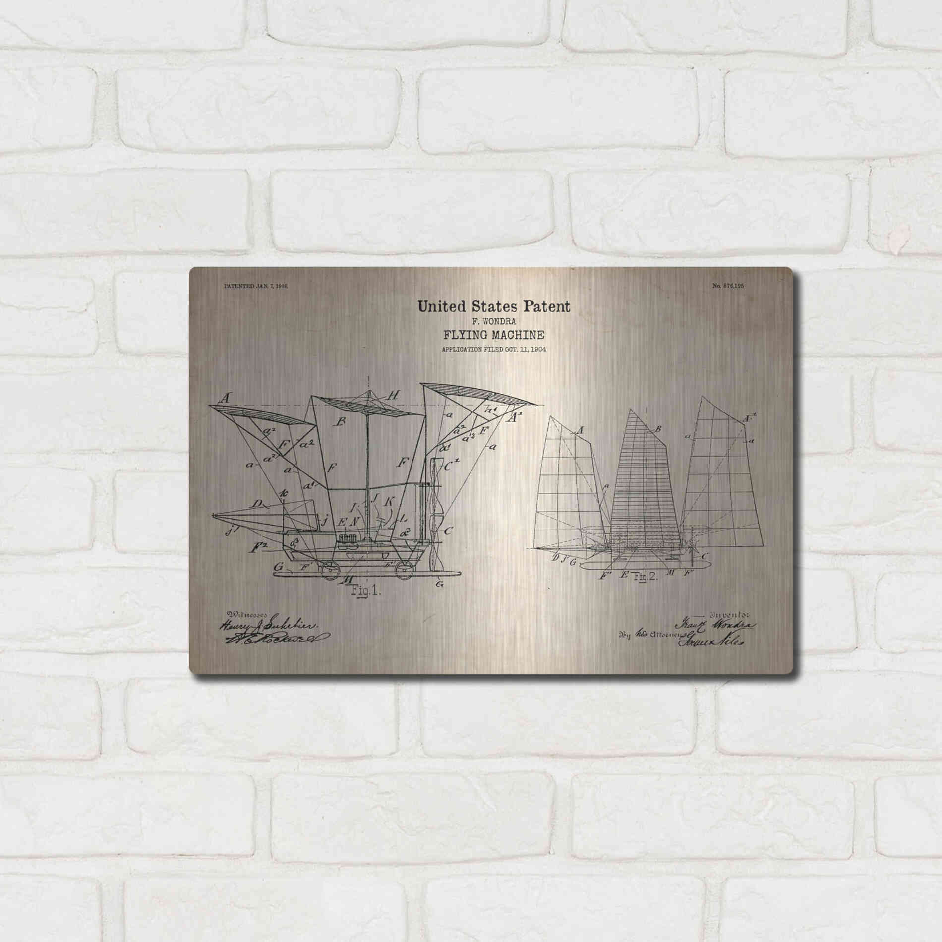 Luxe Metal Art 'Flying Machine, 1904 Blueprint Patent Parchment' Metal Wall Art,16x12
