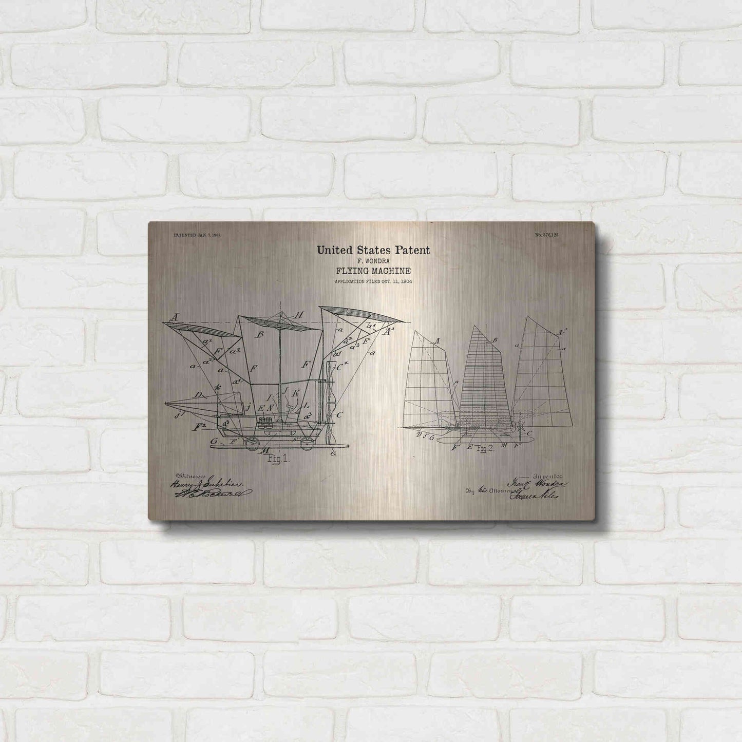 Luxe Metal Art 'Flying Machine, 1904 Blueprint Patent Parchment' Metal Wall Art,24x16