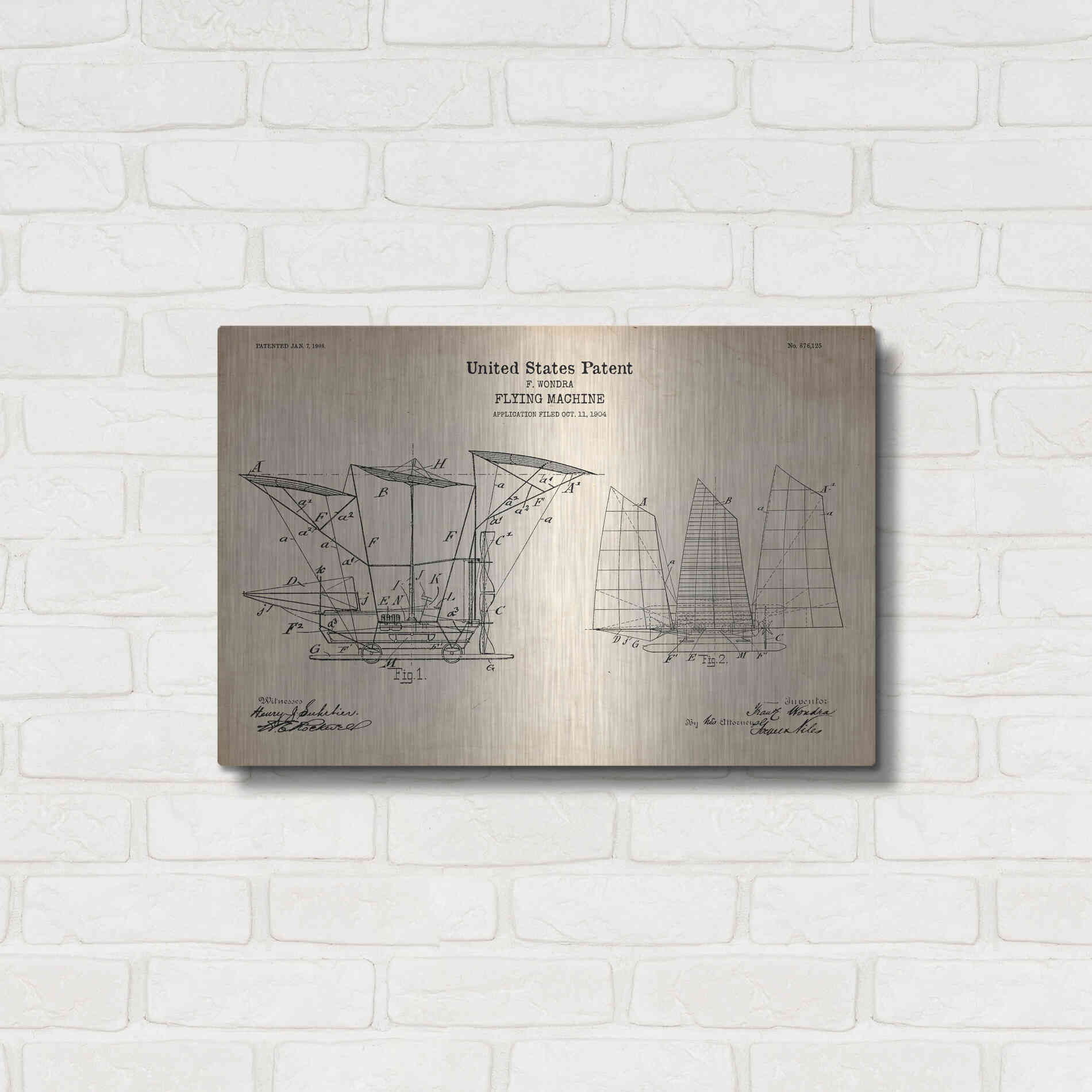 Luxe Metal Art 'Flying Machine, 1904 Blueprint Patent Parchment' Metal Wall Art,24x16