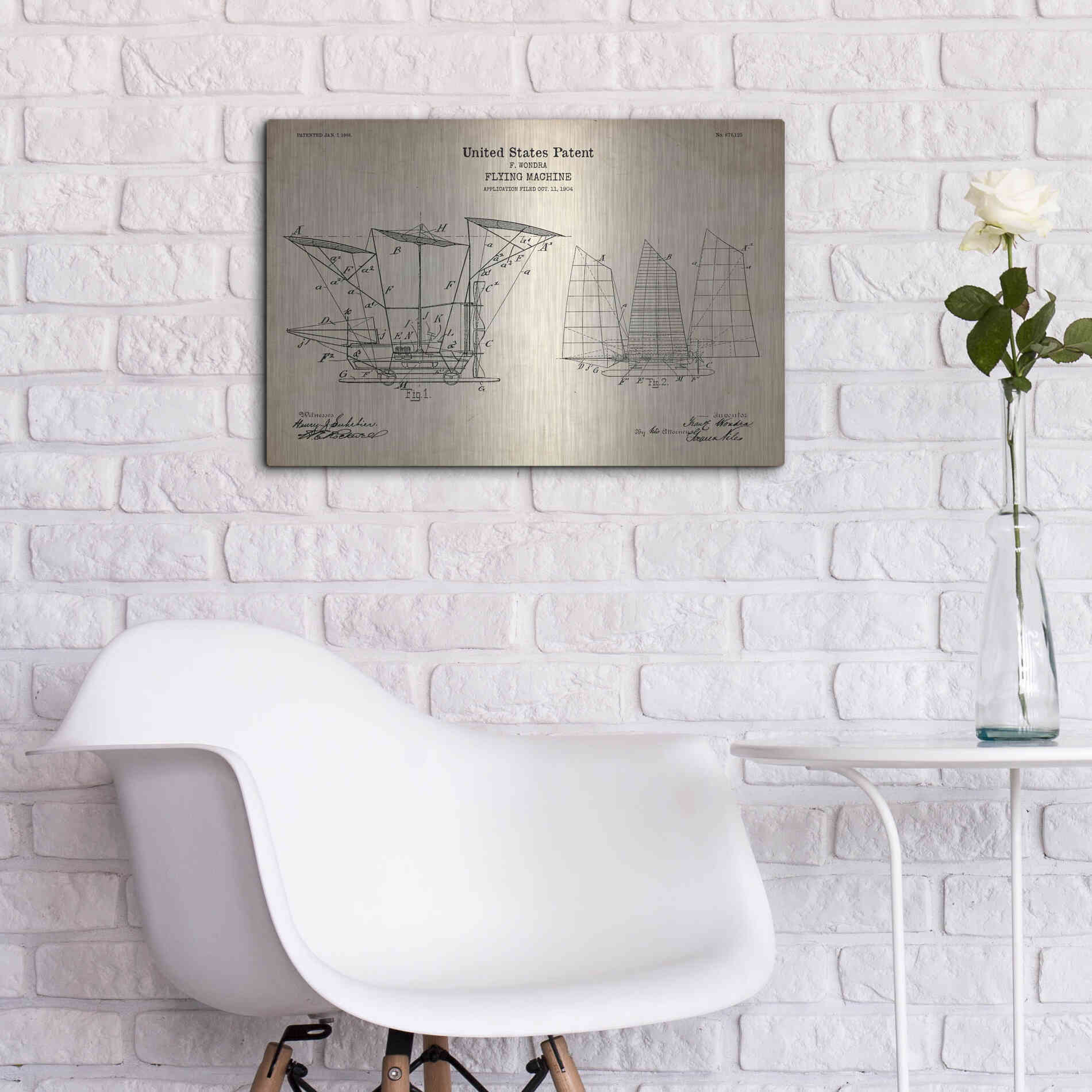 Luxe Metal Art 'Flying Machine, 1904 Blueprint Patent Parchment' Metal Wall Art,24x16