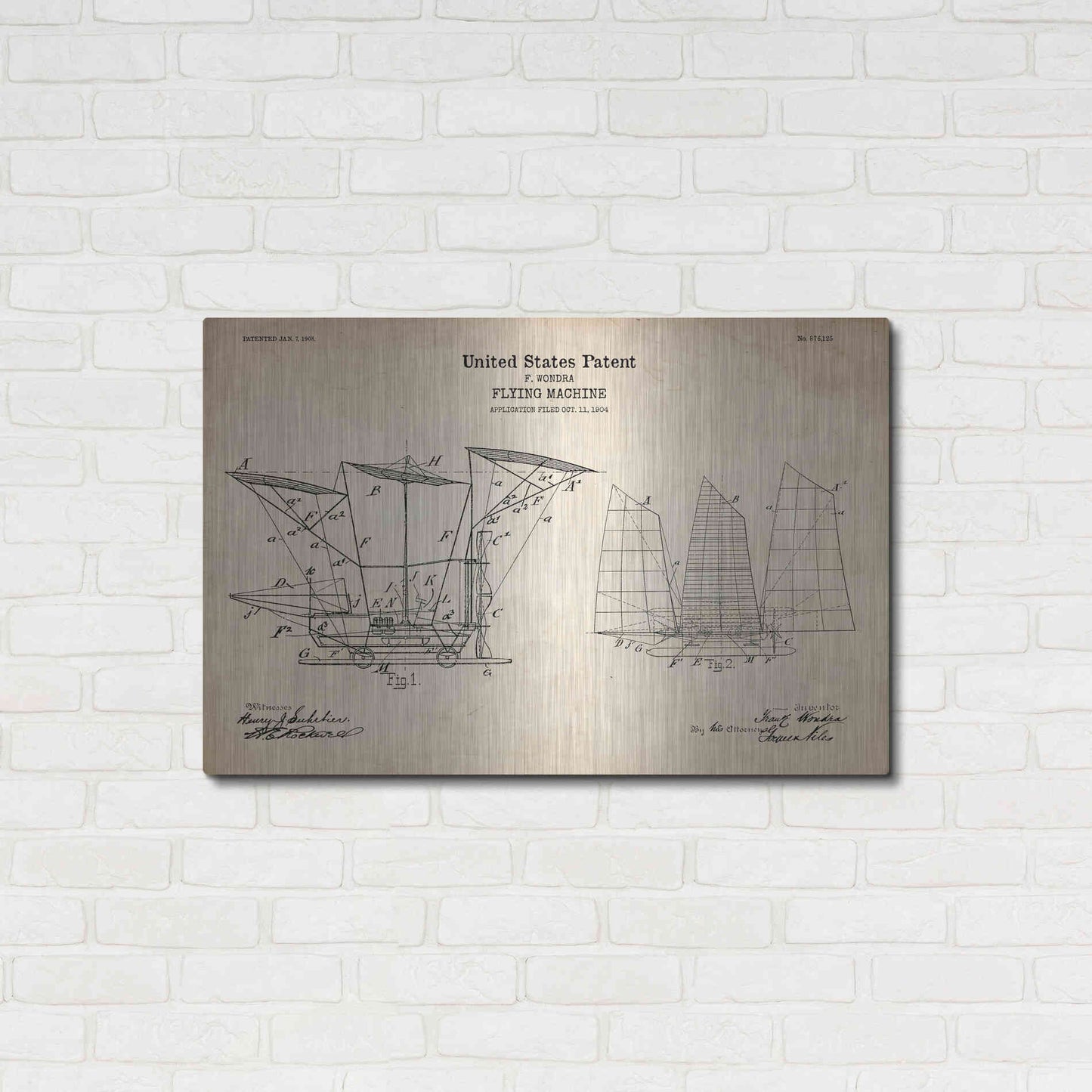 Luxe Metal Art 'Flying Machine, 1904 Blueprint Patent Parchment' Metal Wall Art,36x24