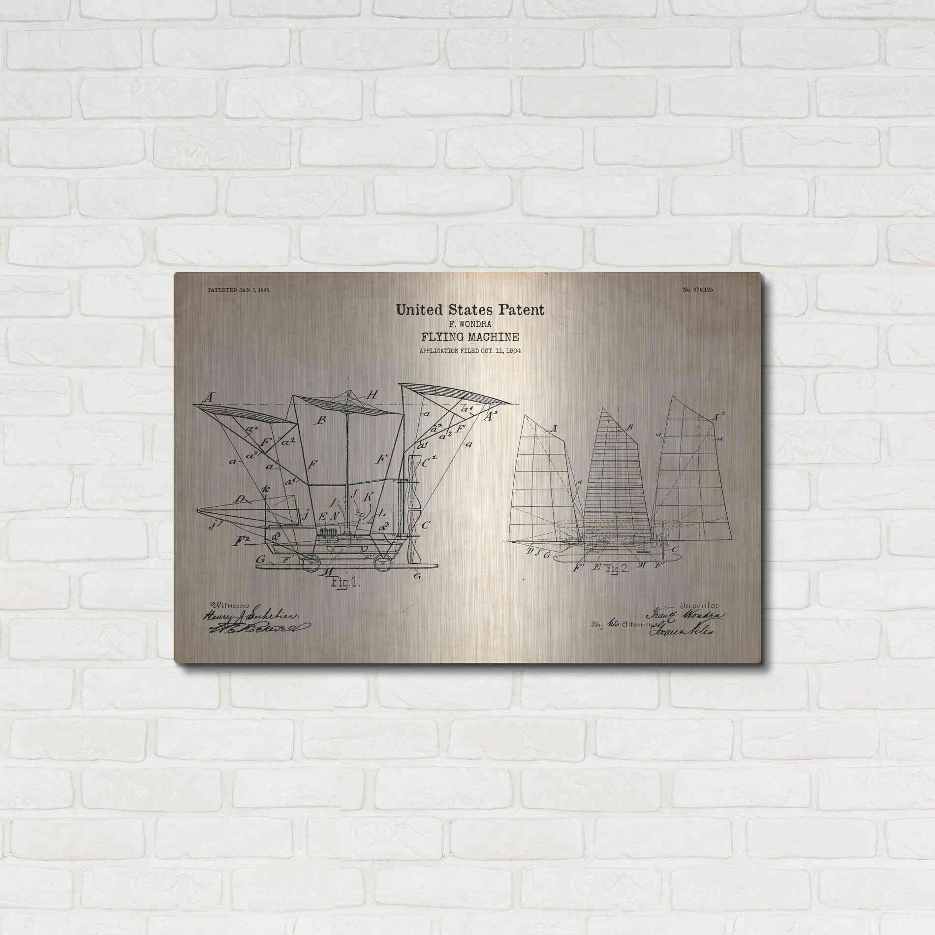 Luxe Metal Art 'Flying Machine, 1904 Blueprint Patent Parchment' Metal Wall Art,36x24