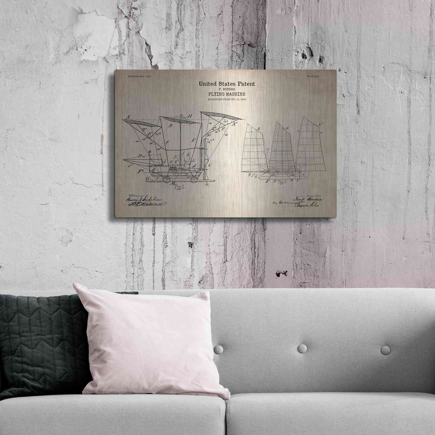 Luxe Metal Art 'Flying Machine, 1904 Blueprint Patent Parchment' Metal Wall Art,36x24
