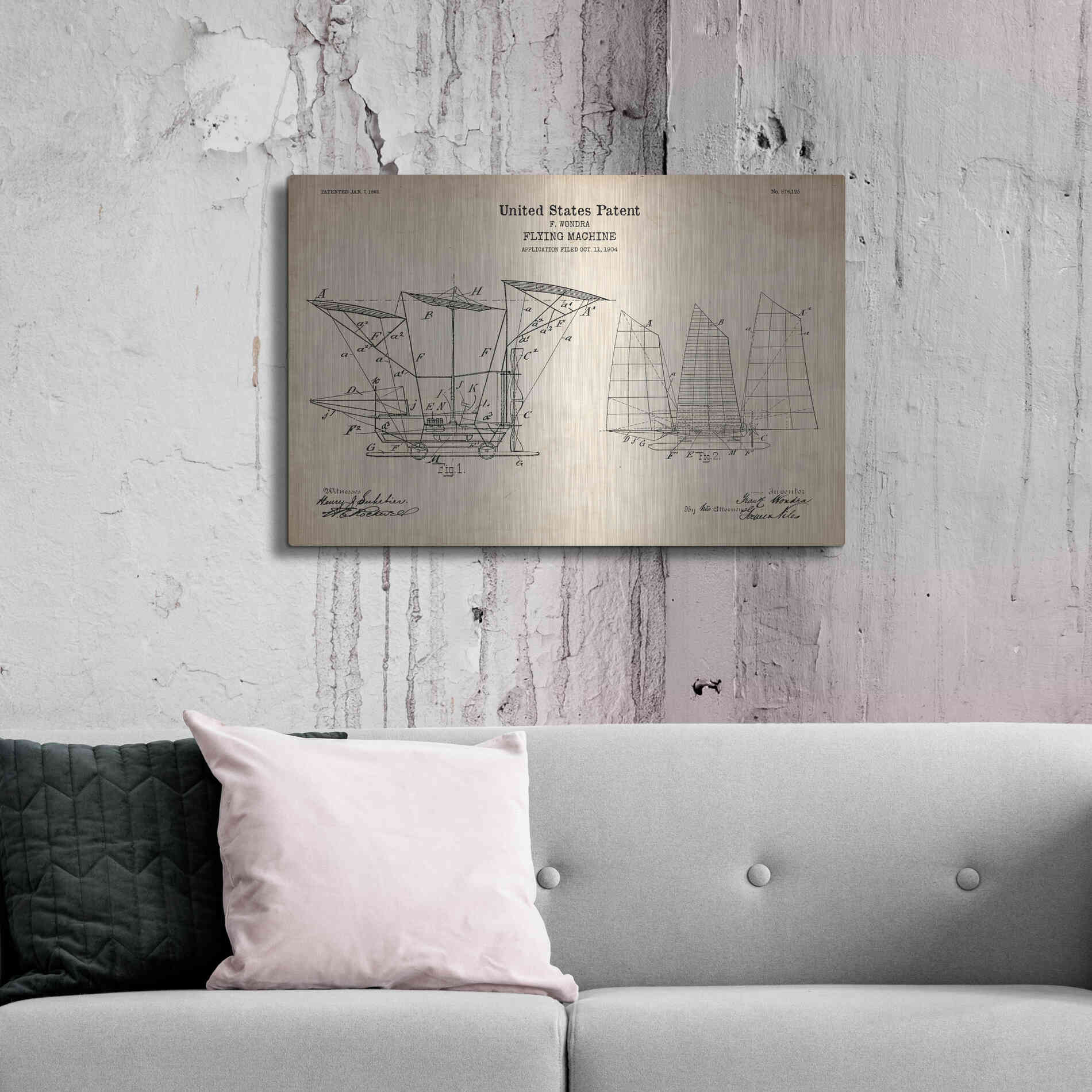 Luxe Metal Art 'Flying Machine, 1904 Blueprint Patent Parchment' Metal Wall Art,36x24