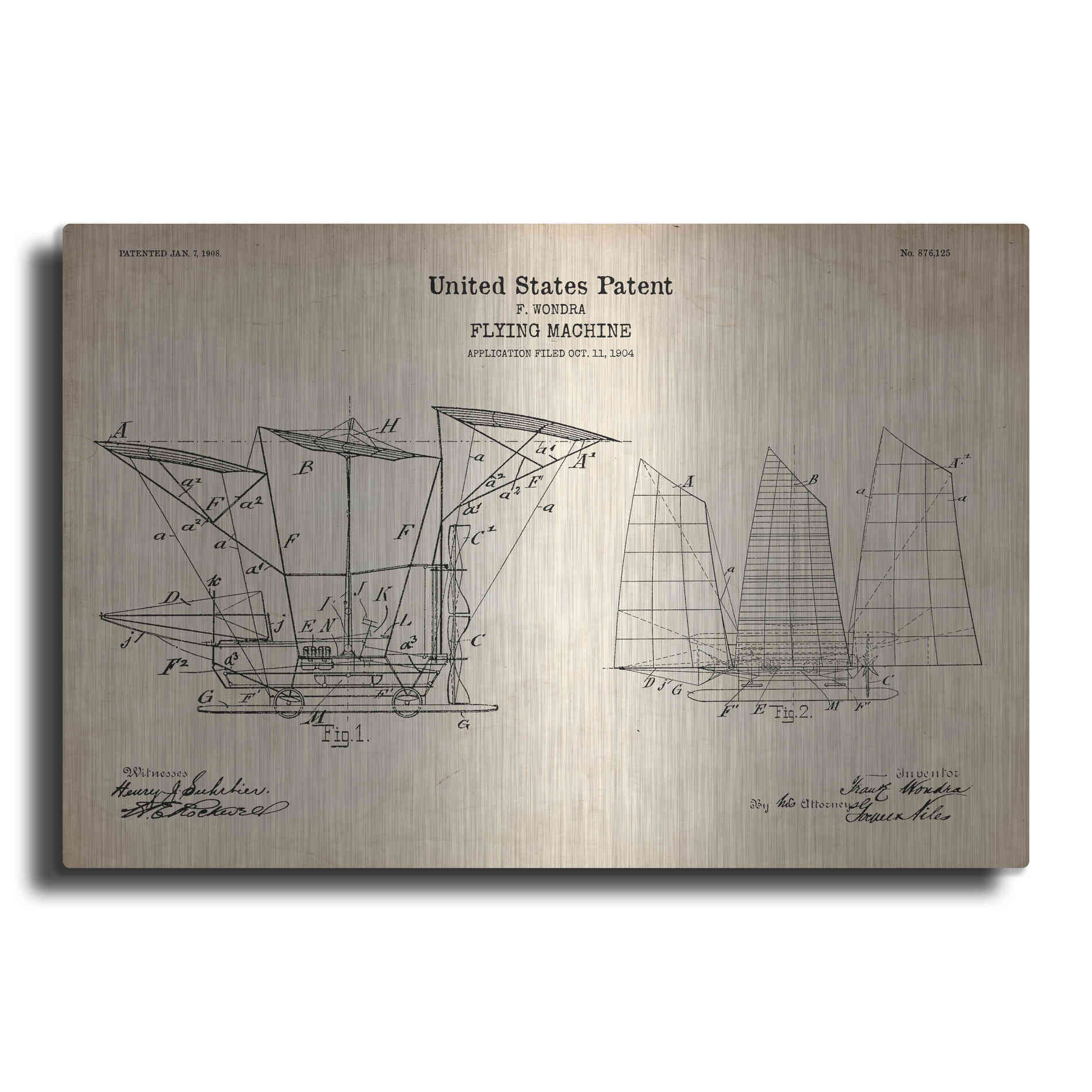 Luxe Metal Art 'Flying Machine, 1904 Blueprint Patent Parchment' Metal Wall Art