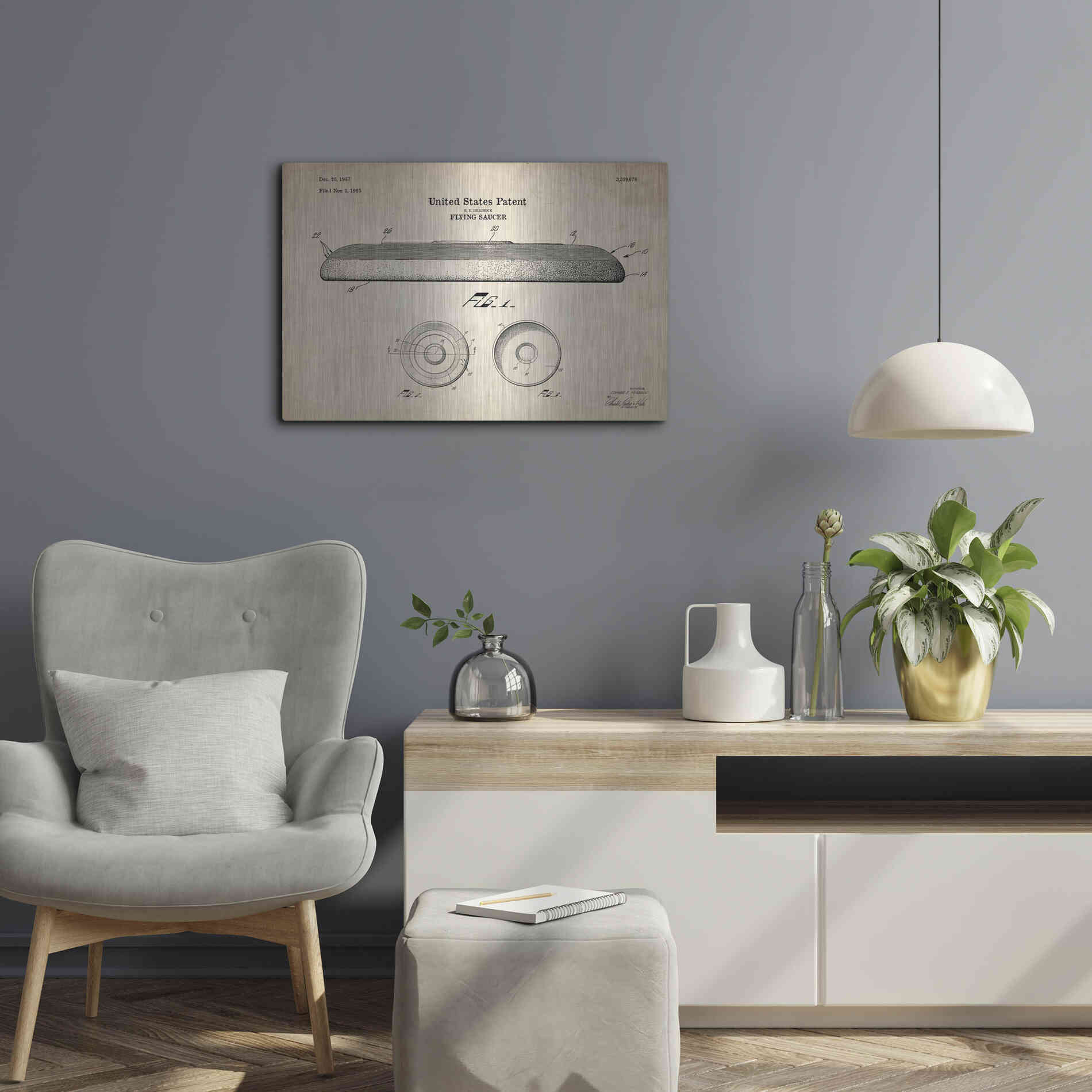 Luxe Metal Art 'Flying Disc Blueprint Patent Parchment' Metal Wall Art,24x16
