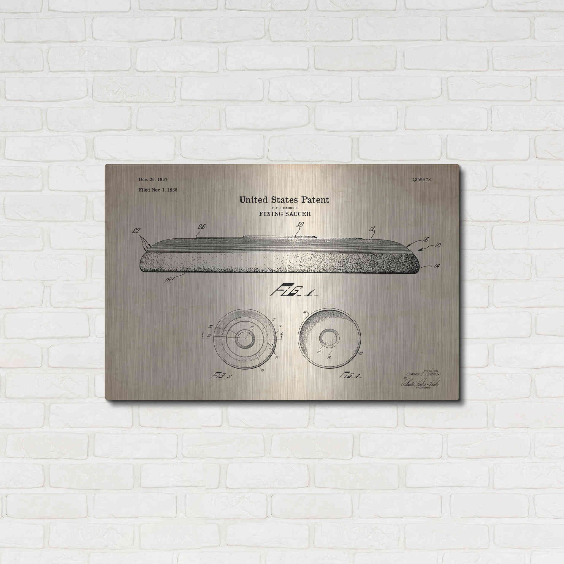 Luxe Metal Art 'Flying Disc Blueprint Patent Parchment' Metal Wall Art,36x24