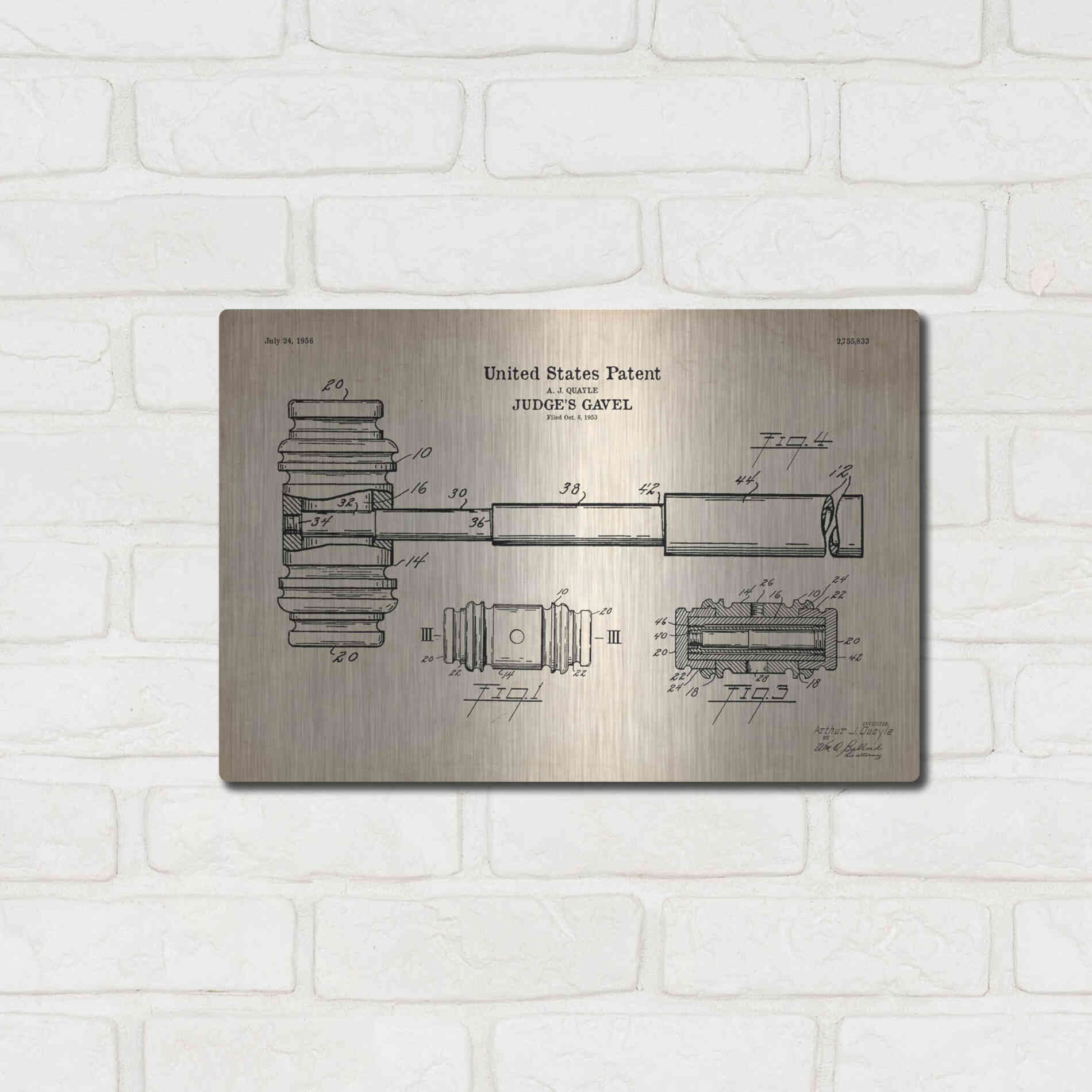 Luxe Metal Art 'Judge's Gavel Blueprint Patent Parchment' Metal Wall Art,16x12