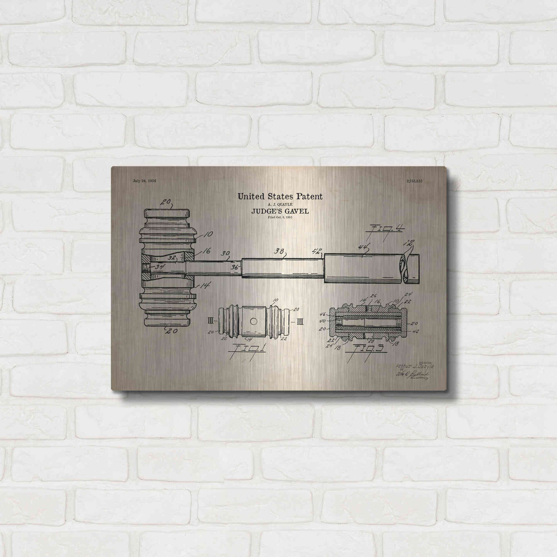 Luxe Metal Art 'Judge's Gavel Blueprint Patent Parchment' Metal Wall Art,24x16