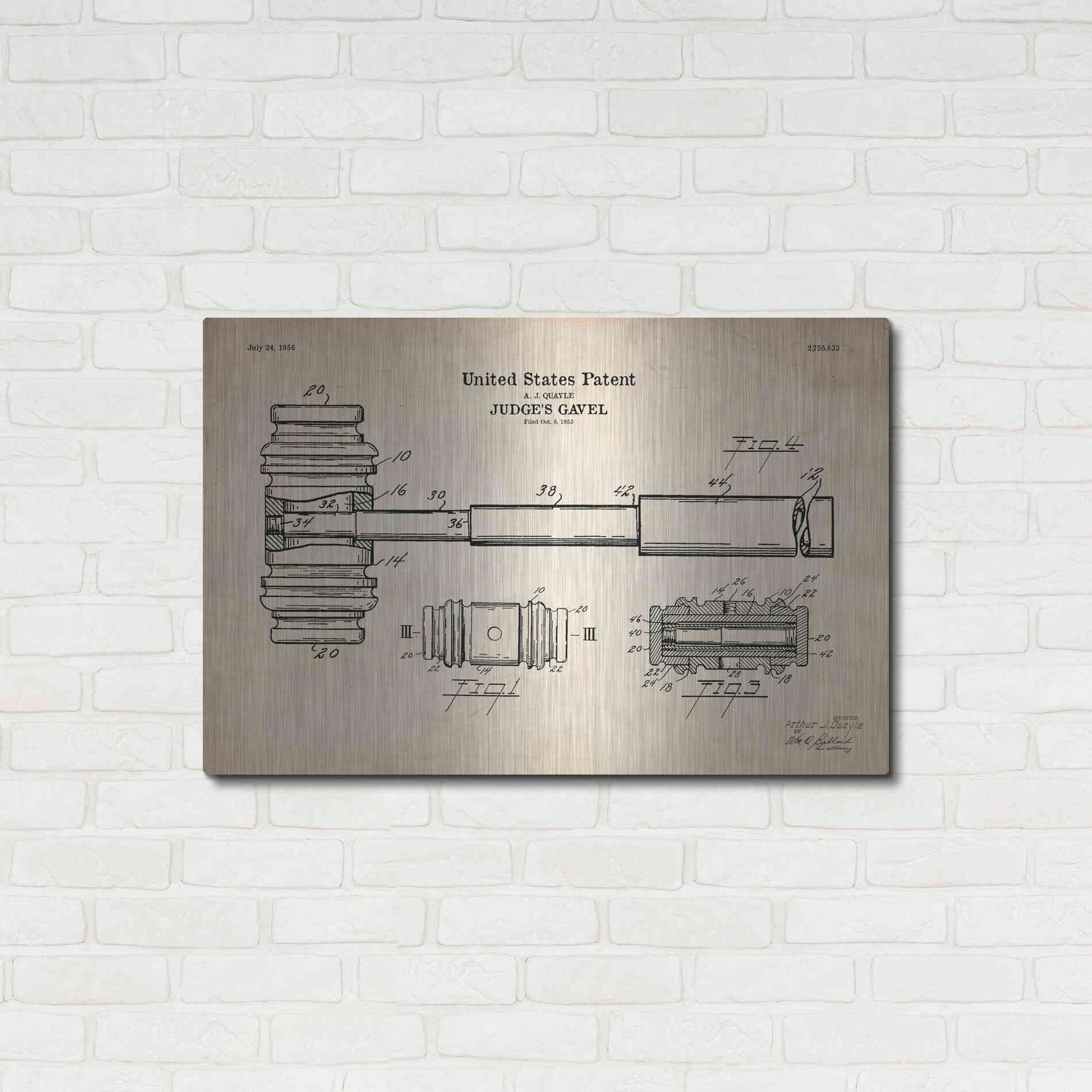 Luxe Metal Art 'Judge's Gavel Blueprint Patent Parchment' Metal Wall Art,36x24