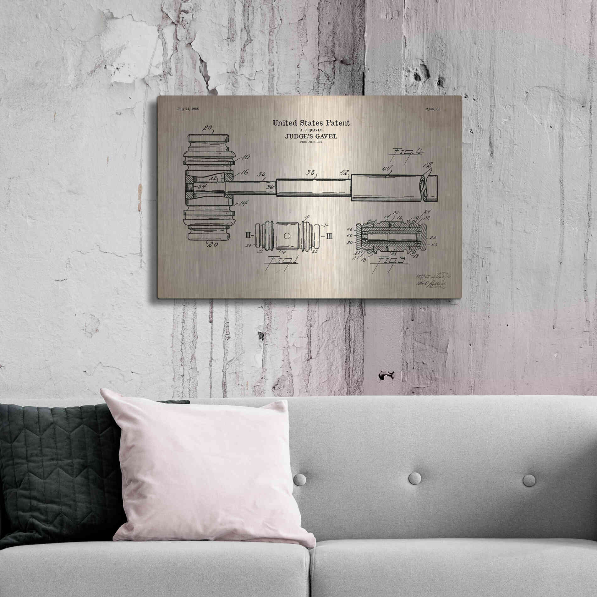 Luxe Metal Art 'Judge's Gavel Blueprint Patent Parchment' Metal Wall Art,36x24