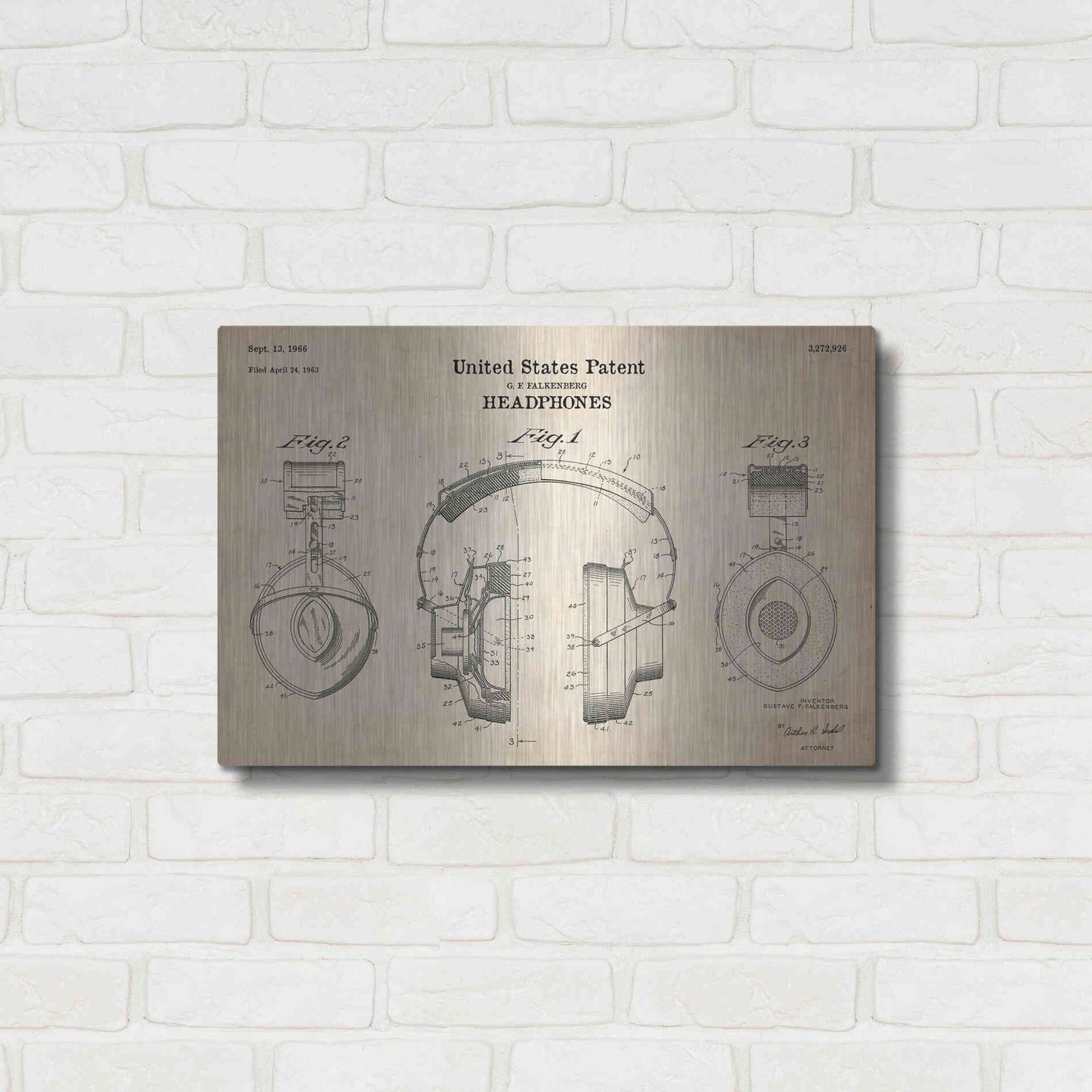 Luxe Metal Art 'Headphones Blueprint Patent Parchment' Metal Wall Art,24x16
