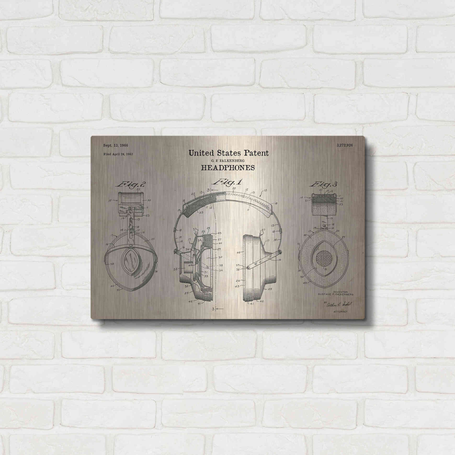 Luxe Metal Art 'Headphones Blueprint Patent Parchment' Metal Wall Art,24x16