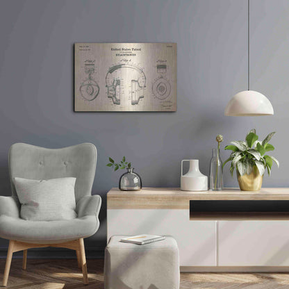 Luxe Metal Art 'Headphones Blueprint Patent Parchment' Metal Wall Art,24x16