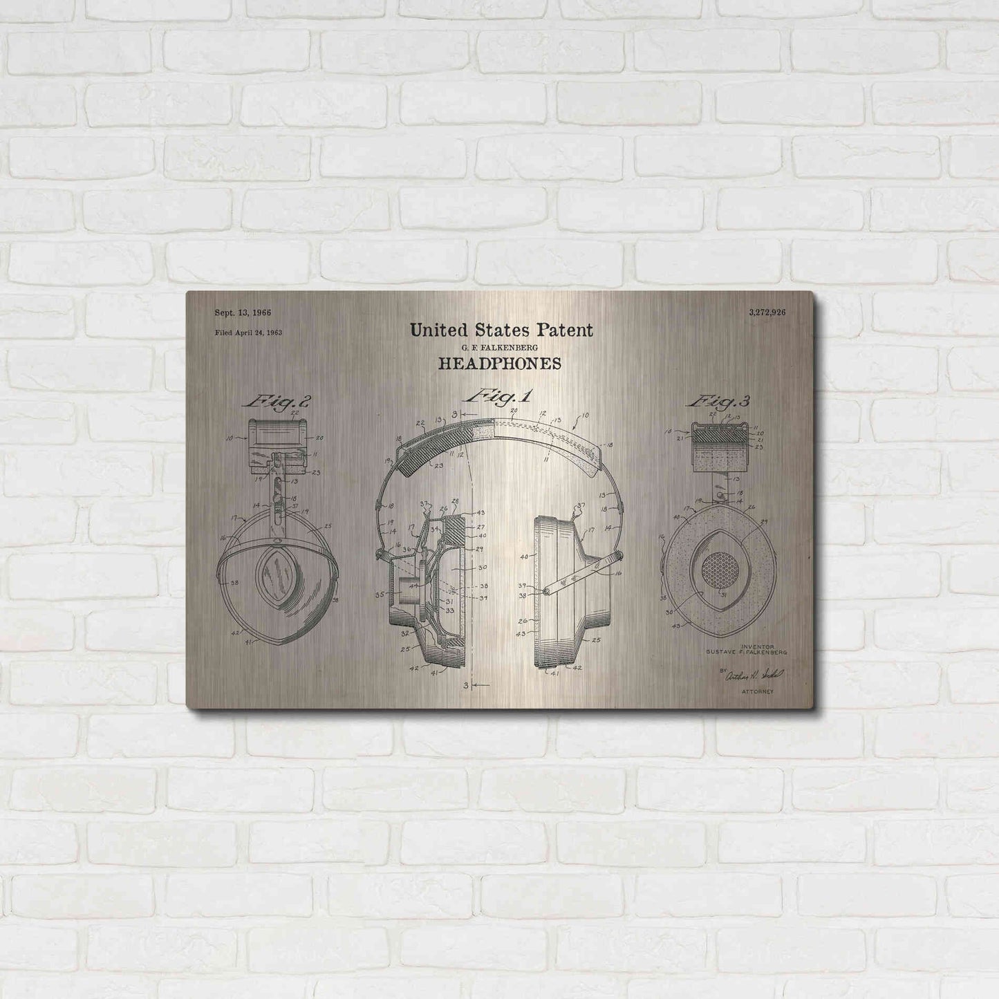 Luxe Metal Art 'Headphones Blueprint Patent Parchment' Metal Wall Art,36x24