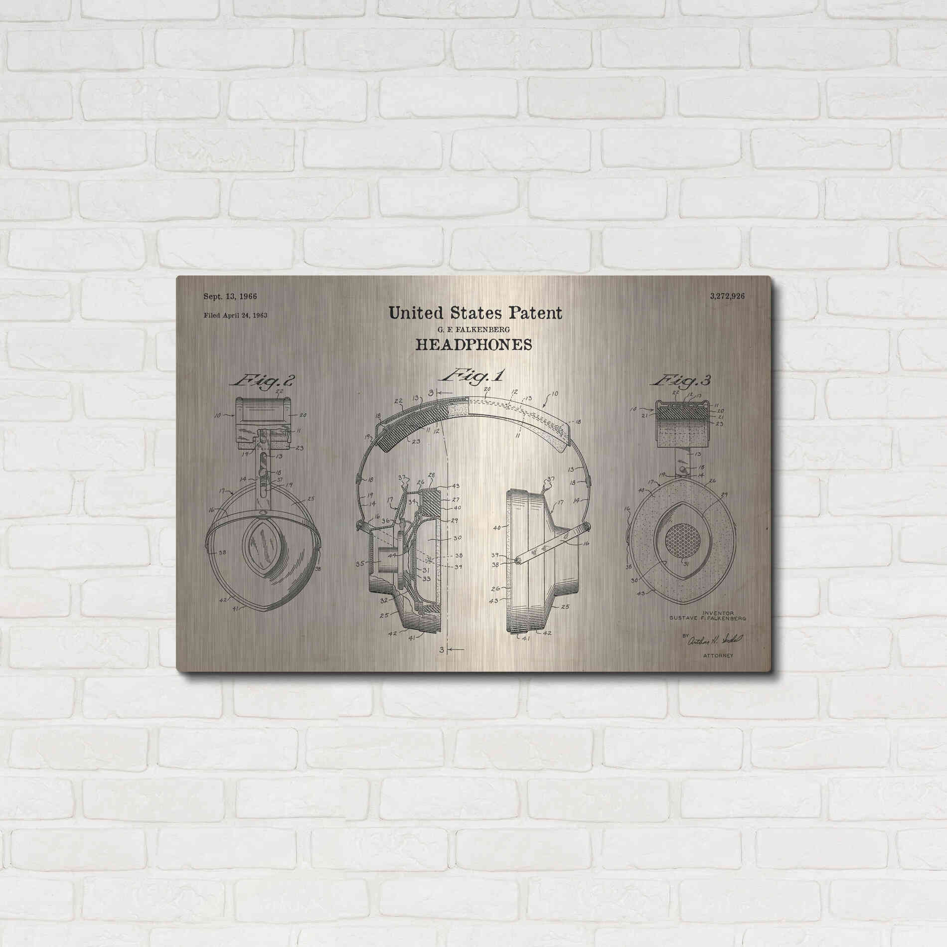 Luxe Metal Art 'Headphones Blueprint Patent Parchment' Metal Wall Art,36x24