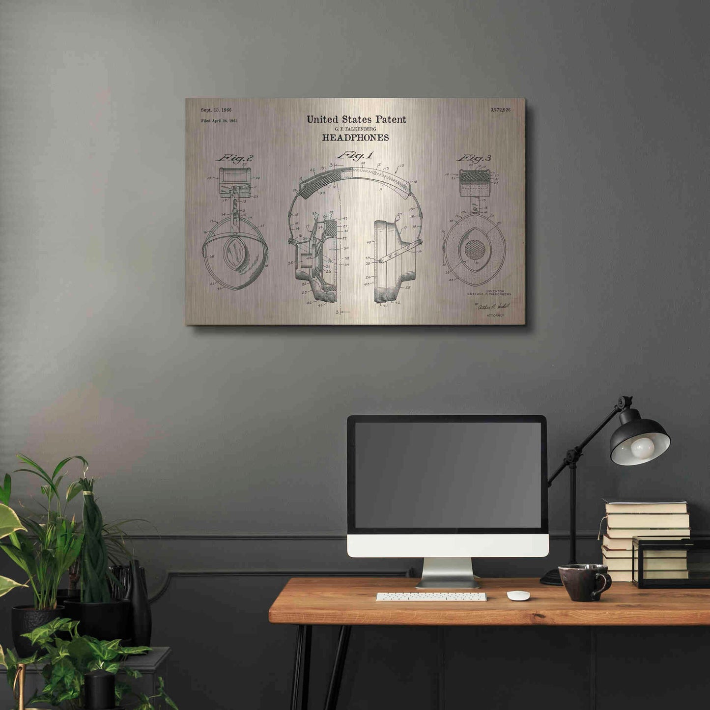Luxe Metal Art 'Headphones Blueprint Patent Parchment' Metal Wall Art,36x24
