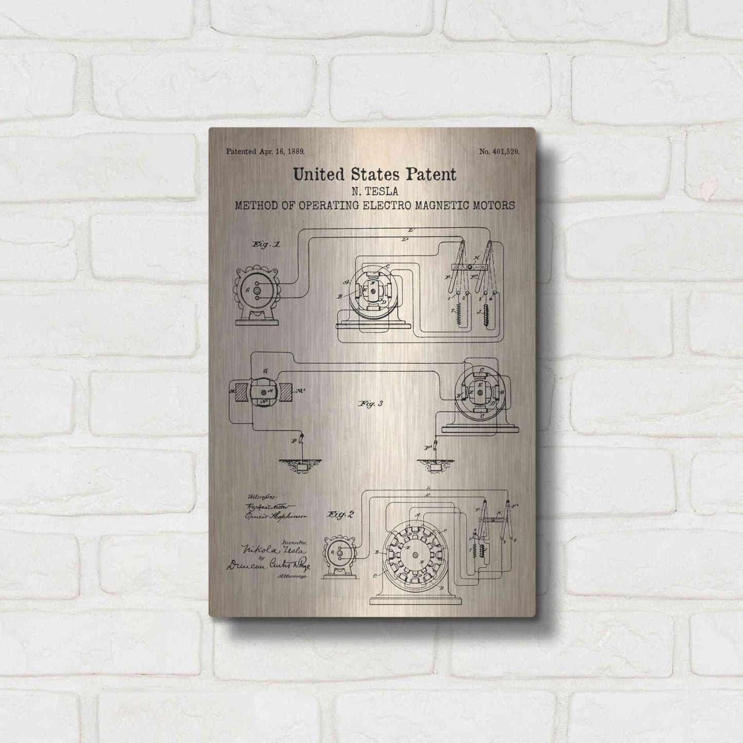 Luxe Metal Art 'Operating Tesla Motor Blueprint Patent Parchment' Metal Wall Art,12x16