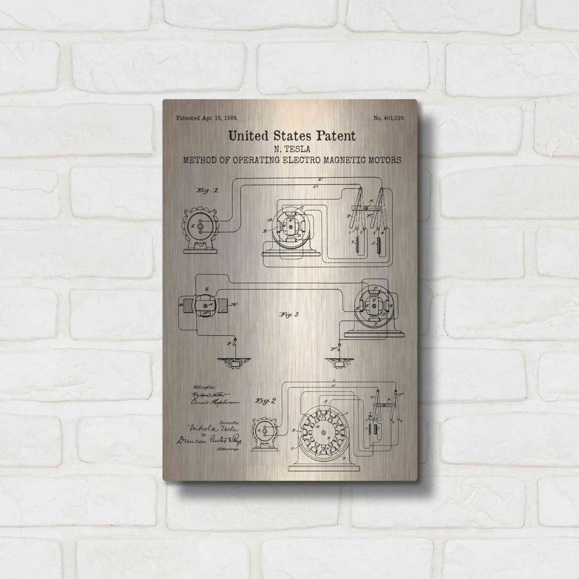 Luxe Metal Art 'Operating Tesla Motor Blueprint Patent Parchment' Metal Wall Art,12x16