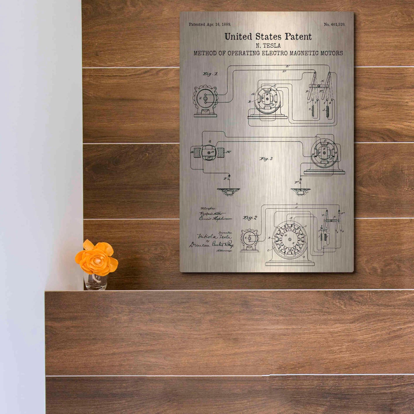 Luxe Metal Art 'Operating Tesla Motor Blueprint Patent Parchment' Metal Wall Art,12x16
