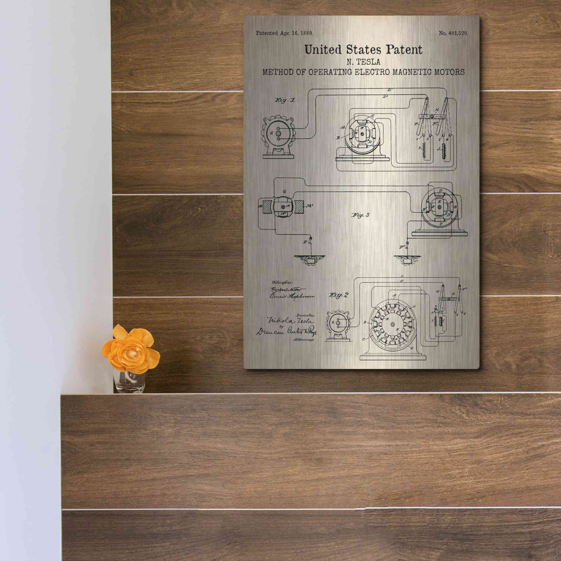 Luxe Metal Art 'Operating Tesla Motor Blueprint Patent Parchment' Metal Wall Art,12x16