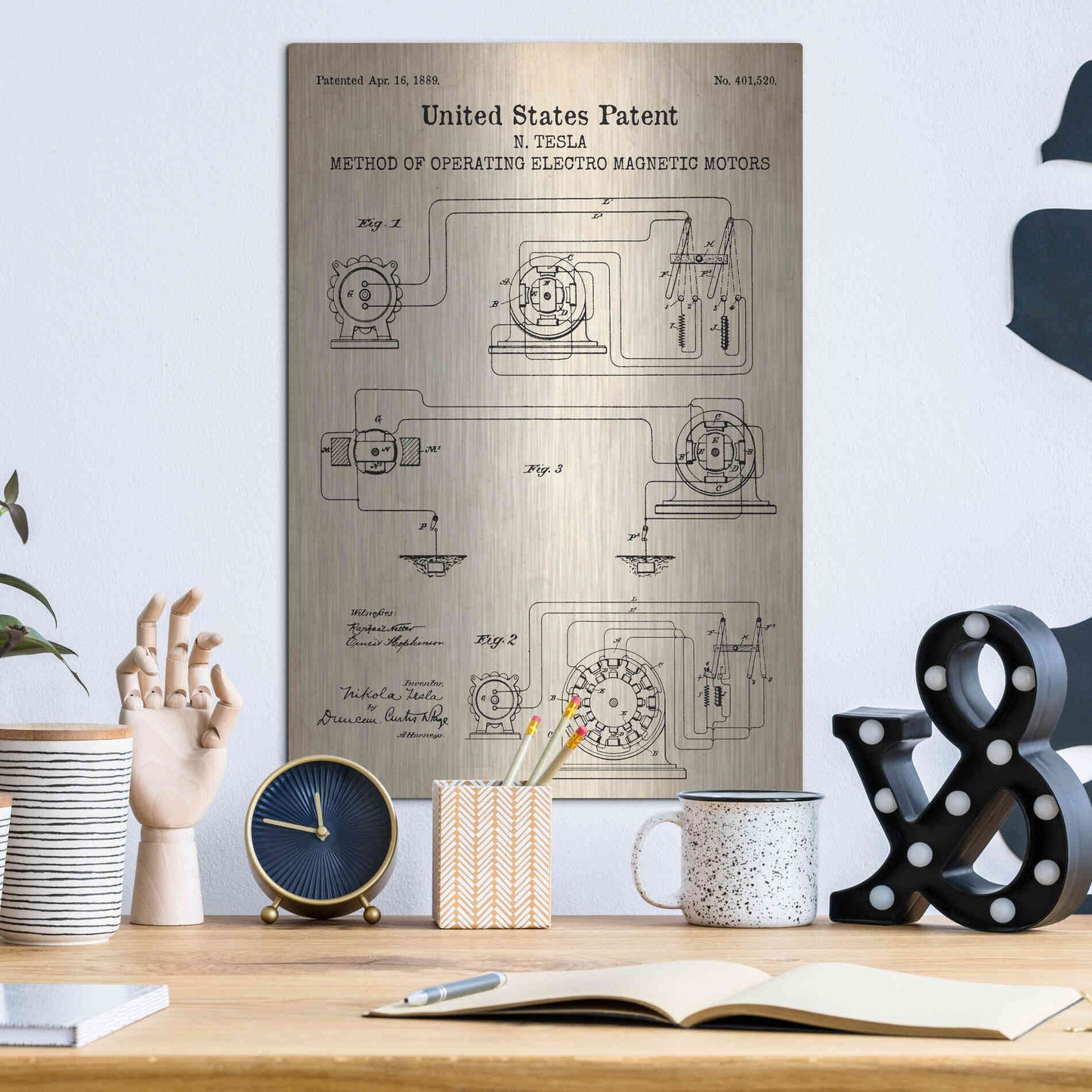 Luxe Metal Art 'Operating Tesla Motor Blueprint Patent Parchment' Metal Wall Art,12x16