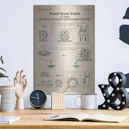 Luxe Metal Art 'Operating Tesla Motor Blueprint Patent Parchment' Metal Wall Art,12x16