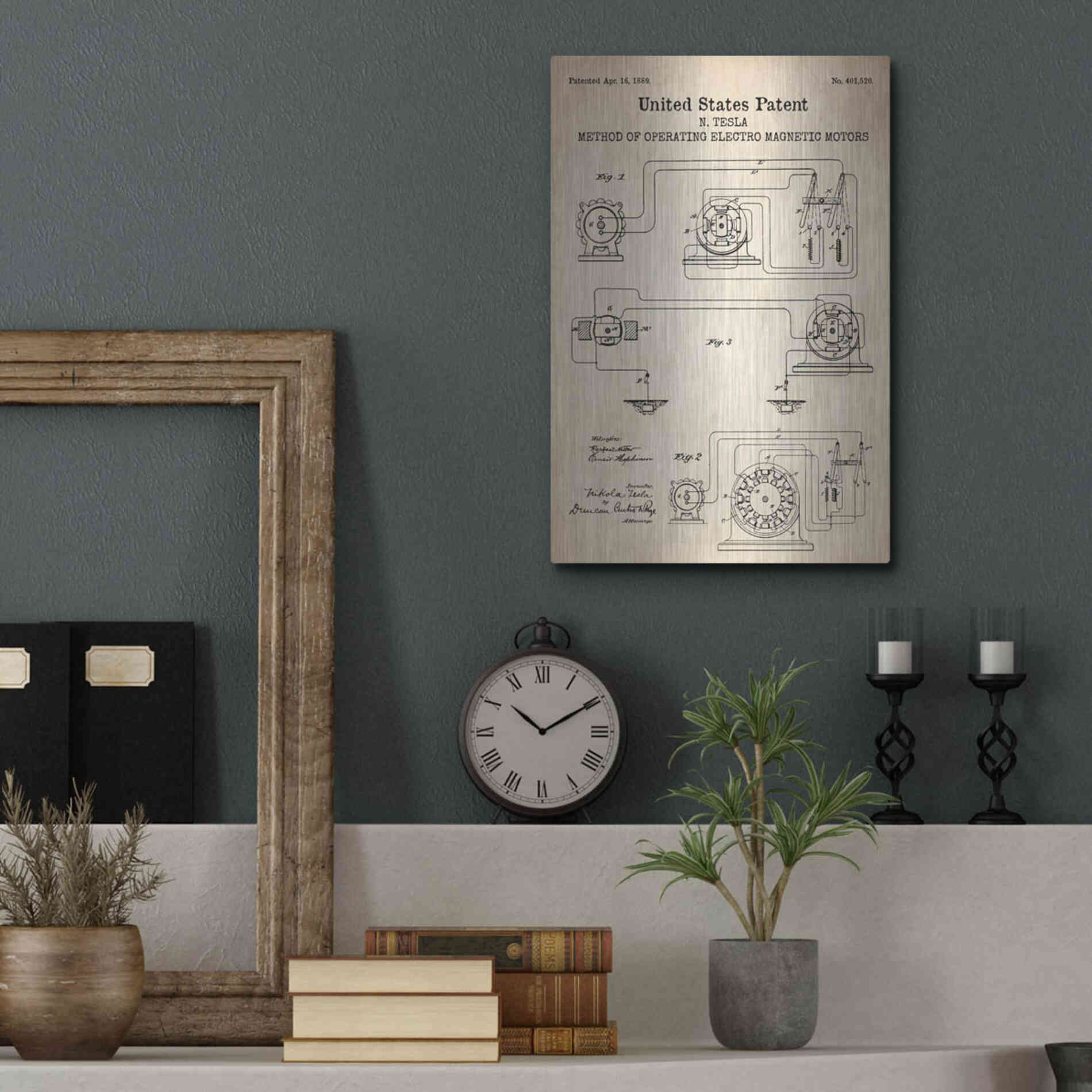 Luxe Metal Art 'Operating Tesla Motor Blueprint Patent Parchment' Metal Wall Art,12x16
