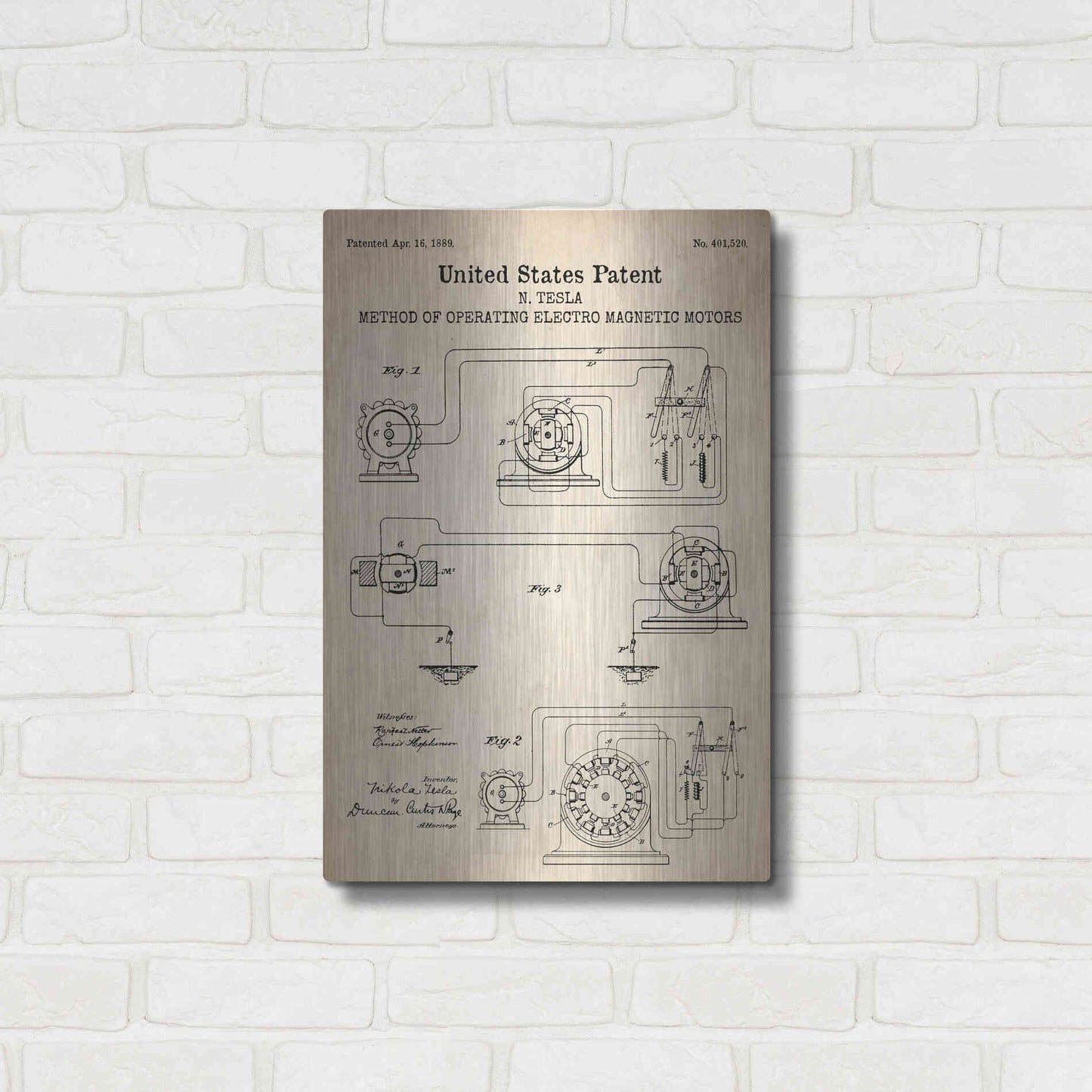 Luxe Metal Art 'Operating Tesla Motor Blueprint Patent Parchment' Metal Wall Art,16x24