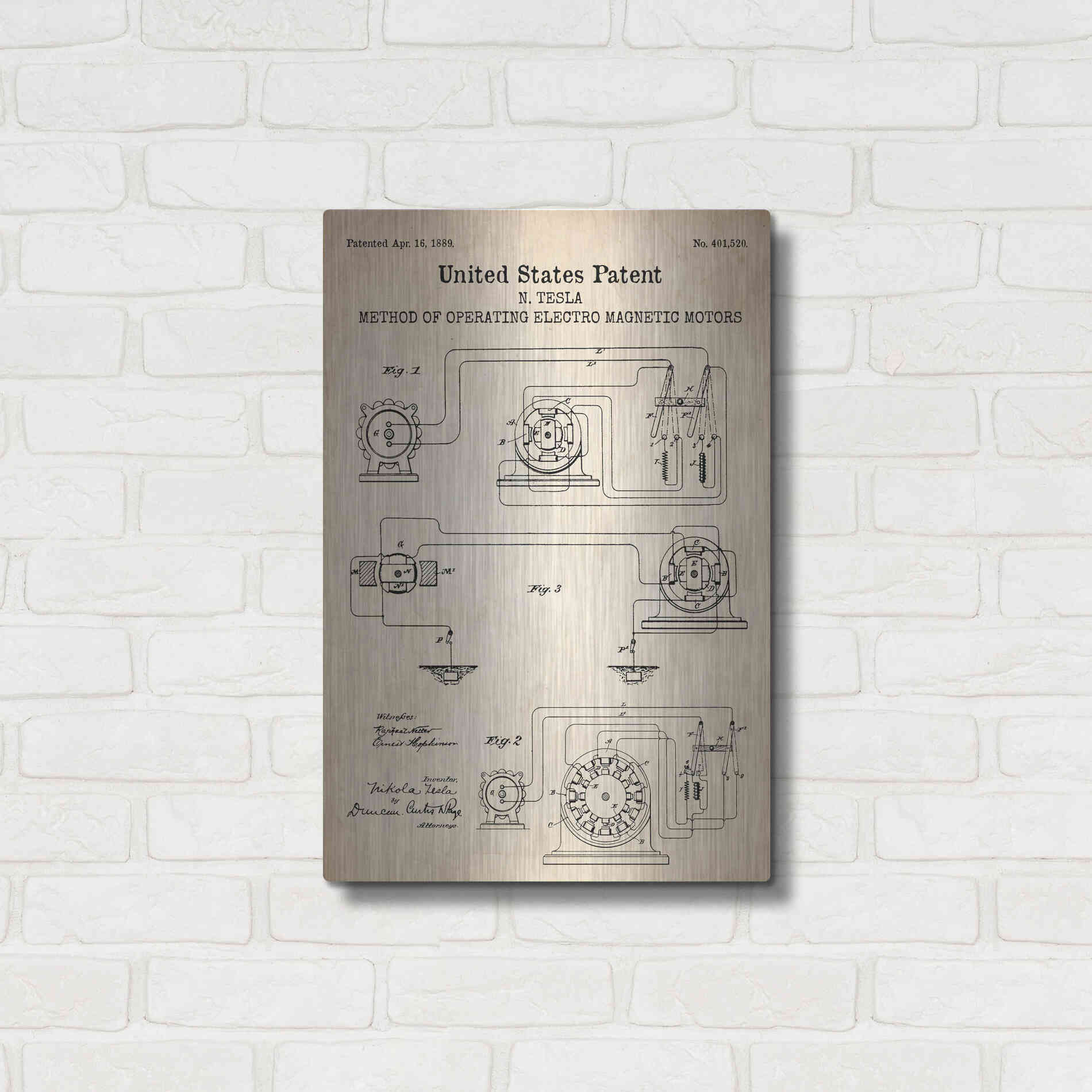 Luxe Metal Art 'Operating Tesla Motor Blueprint Patent Parchment' Metal Wall Art,16x24
