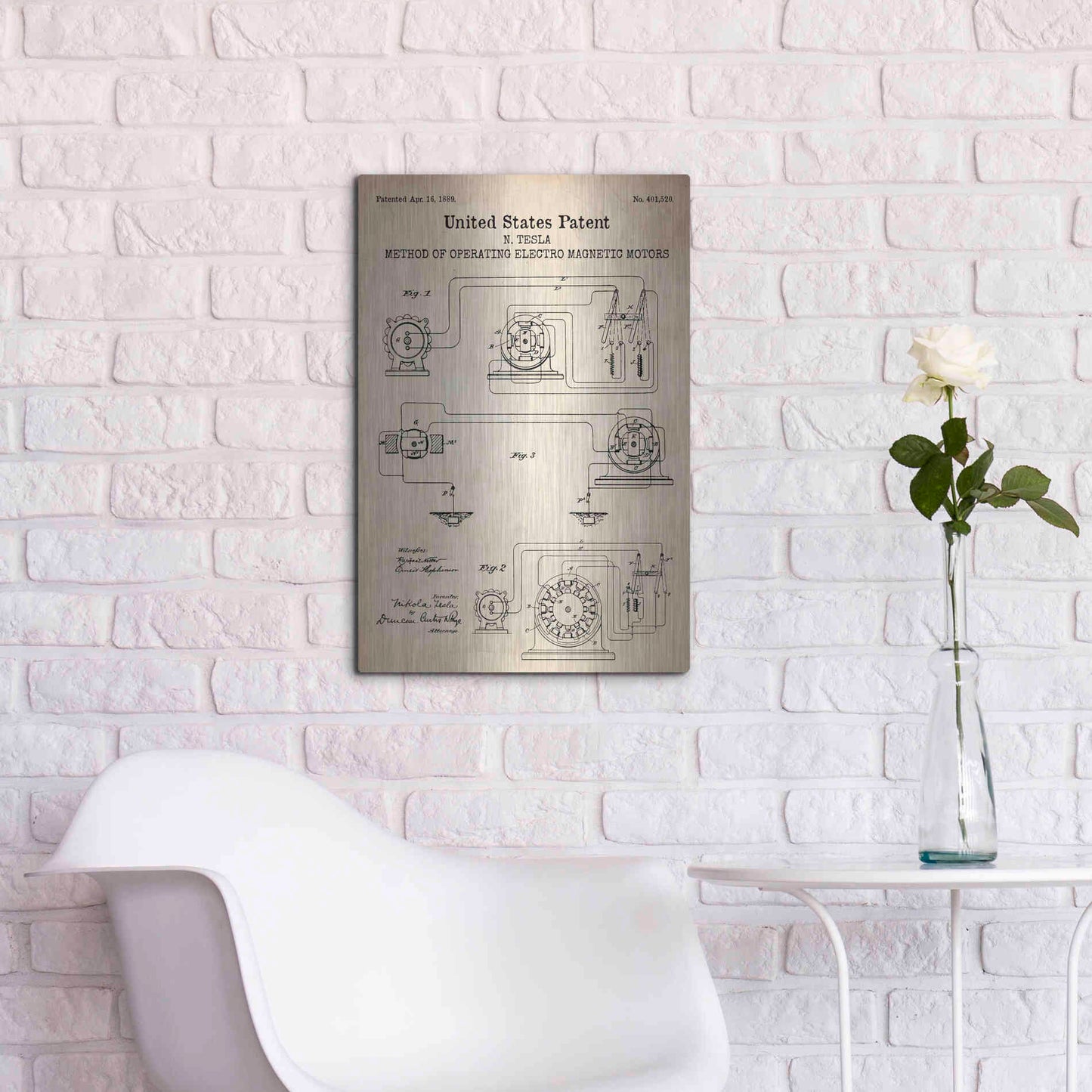 Luxe Metal Art 'Operating Tesla Motor Blueprint Patent Parchment' Metal Wall Art,16x24