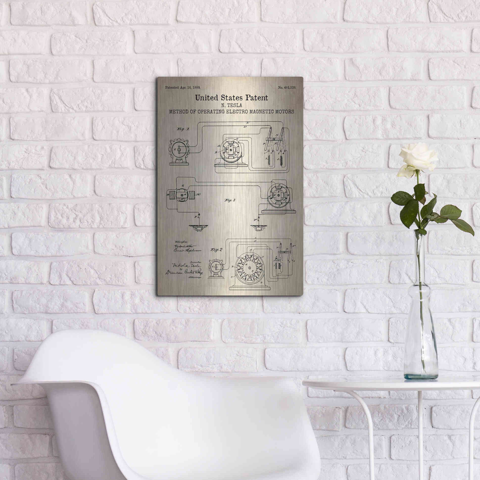 Luxe Metal Art 'Operating Tesla Motor Blueprint Patent Parchment' Metal Wall Art,16x24