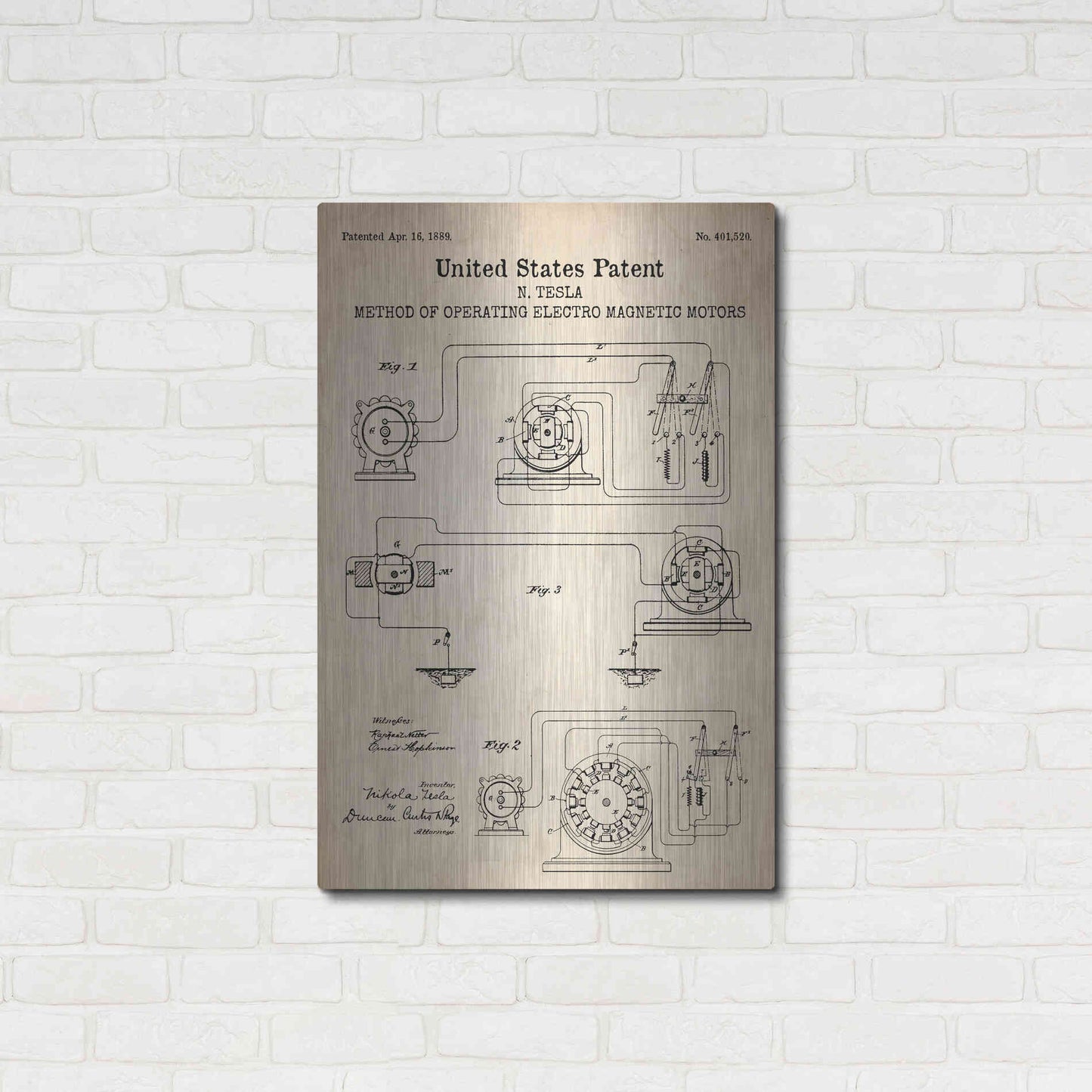 Luxe Metal Art 'Operating Tesla Motor Blueprint Patent Parchment' Metal Wall Art,24x36