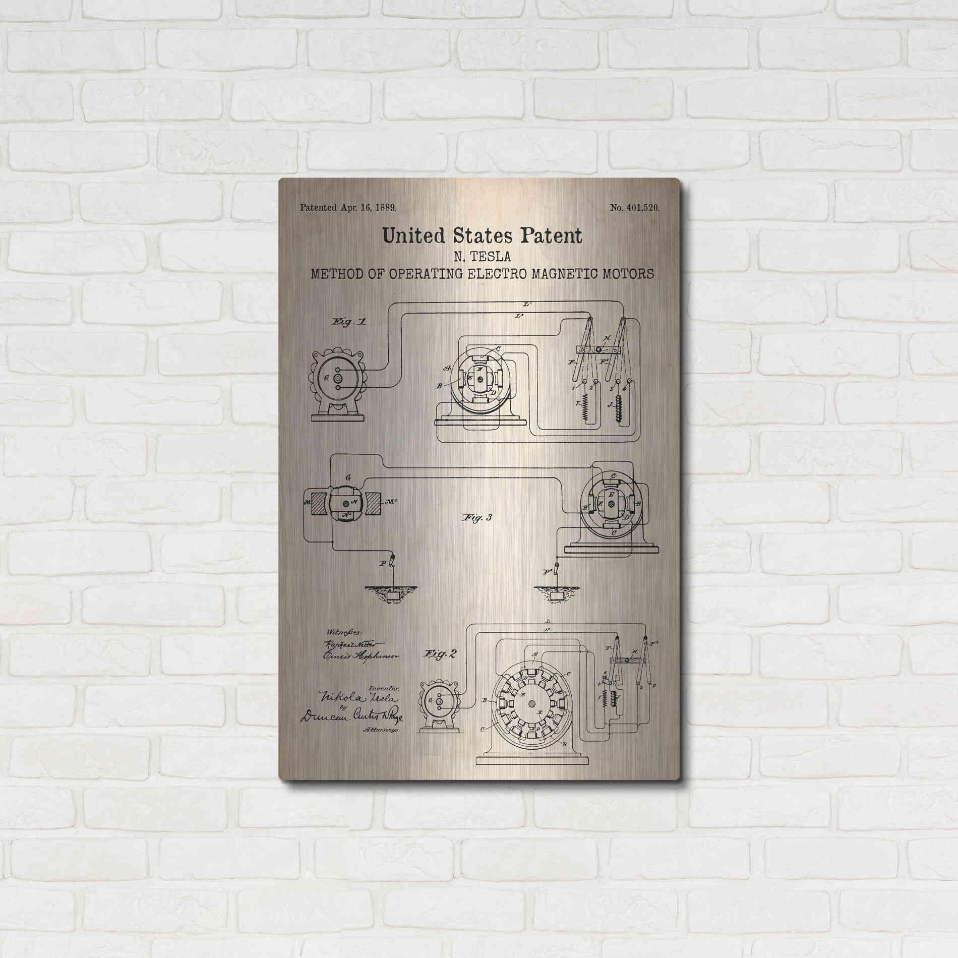 Luxe Metal Art 'Operating Tesla Motor Blueprint Patent Parchment' Metal Wall Art,24x36