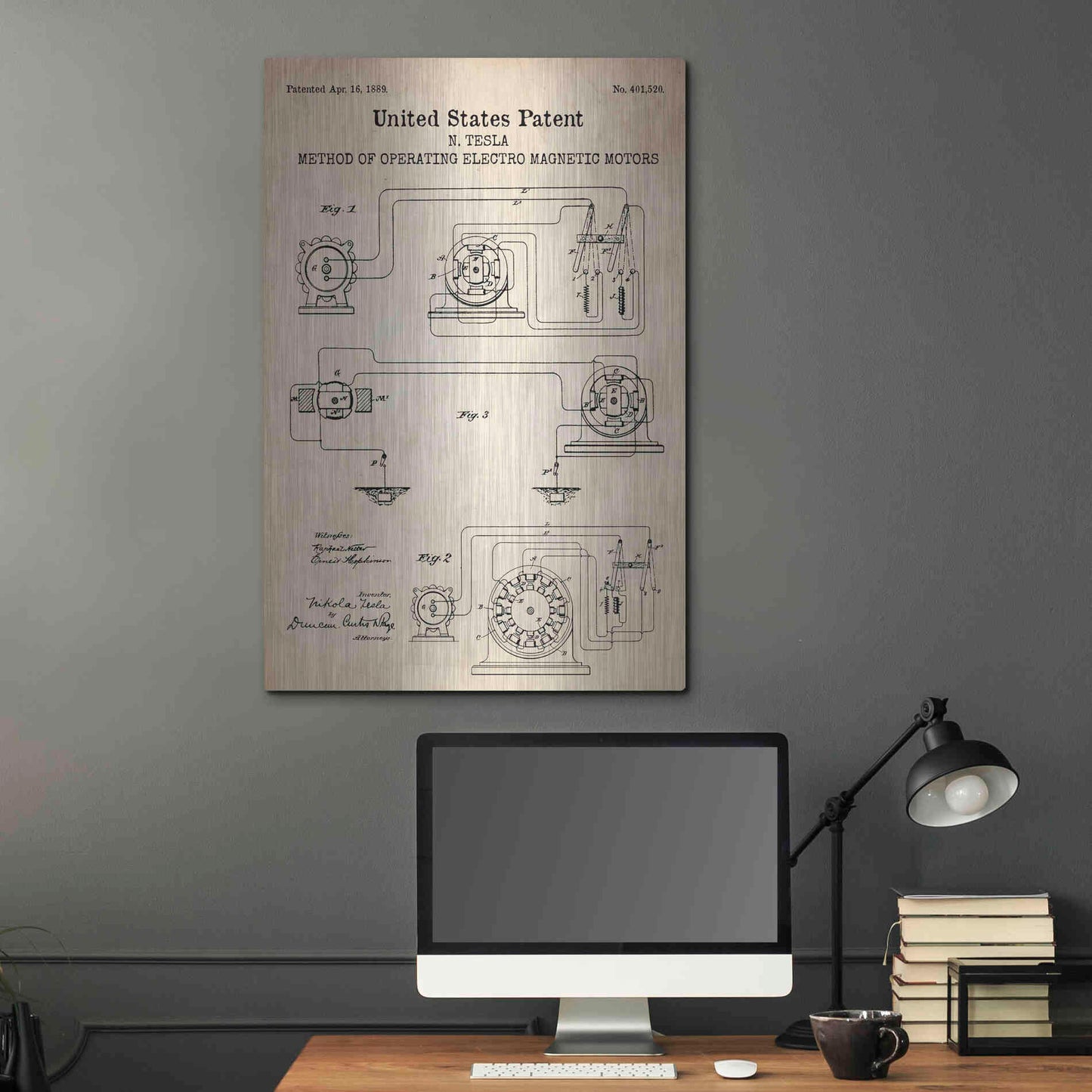 Luxe Metal Art 'Operating Tesla Motor Blueprint Patent Parchment' Metal Wall Art,24x36