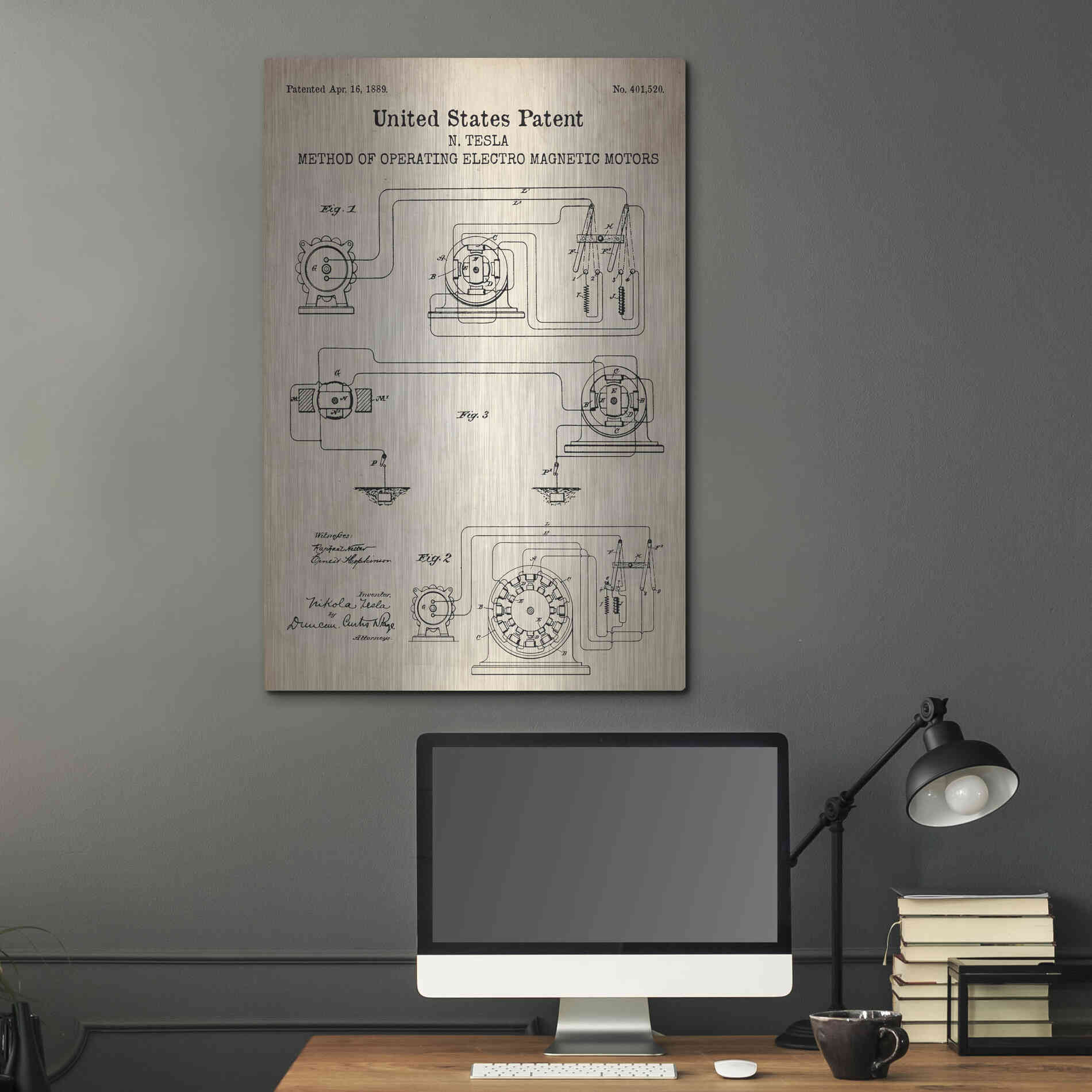 Luxe Metal Art 'Operating Tesla Motor Blueprint Patent Parchment' Metal Wall Art,24x36