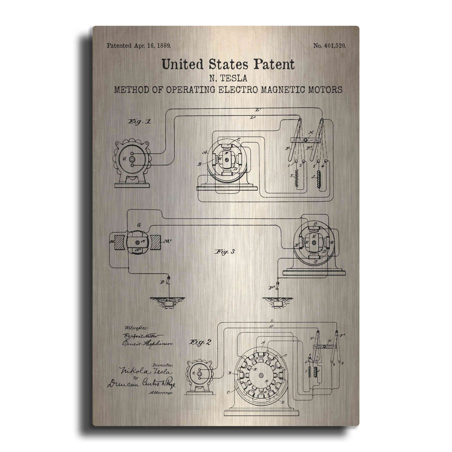 Luxe Metal Art 'Operating Tesla Motor Blueprint Patent Parchment' Metal Wall Art