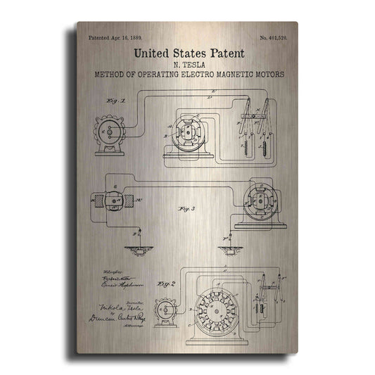 Luxe Metal Art 'Operating Tesla Motor Blueprint Patent Parchment' Metal Wall Art