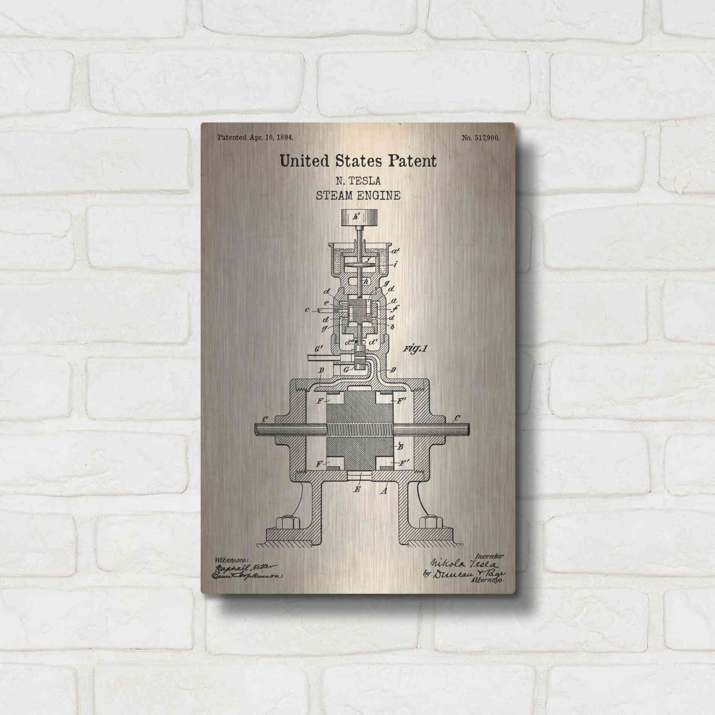 Luxe Metal Art 'Tesla Steam Engine Blueprint Patent Parchment' Metal Wall Art,12x16