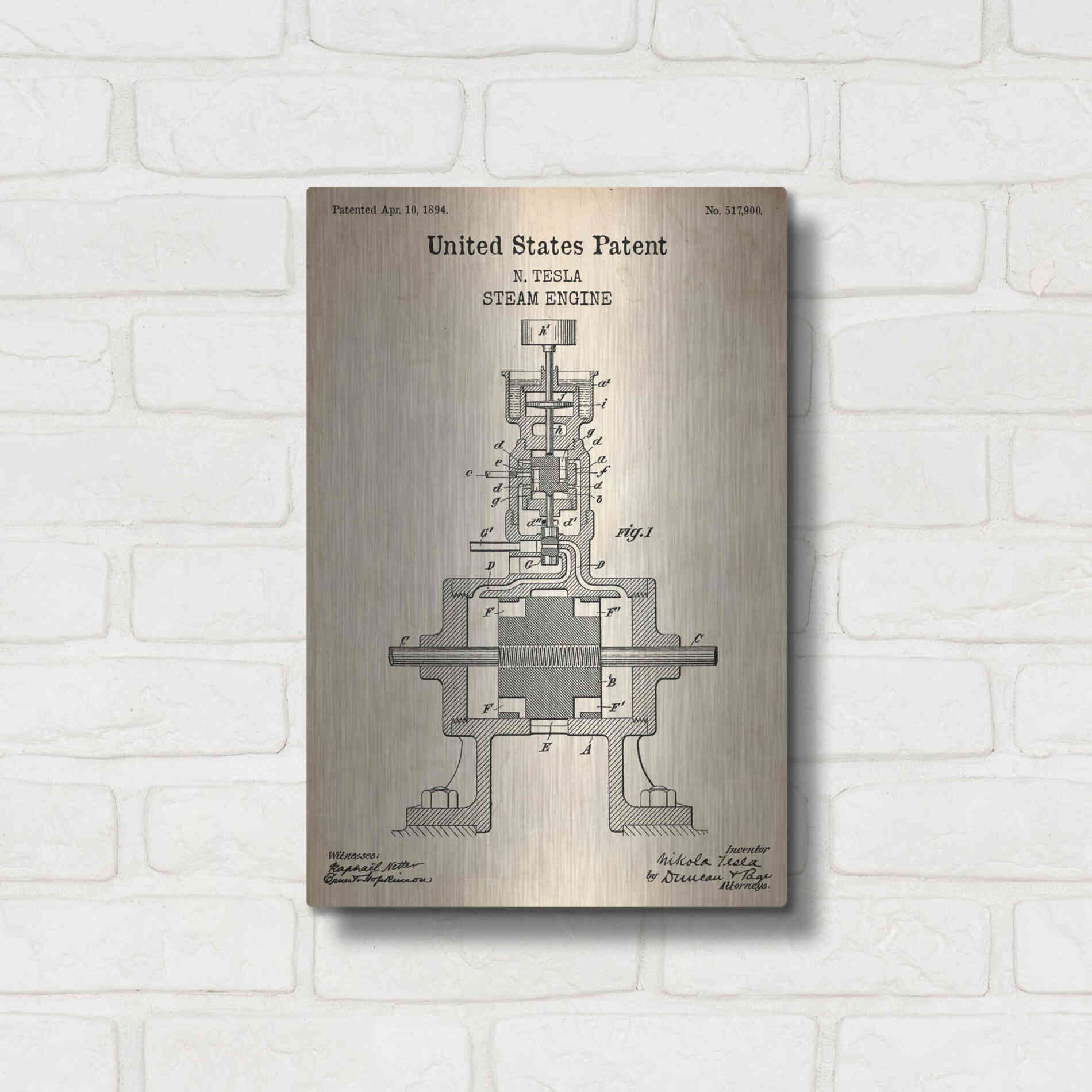 Luxe Metal Art 'Tesla Steam Engine Blueprint Patent Parchment' Metal Wall Art,12x16