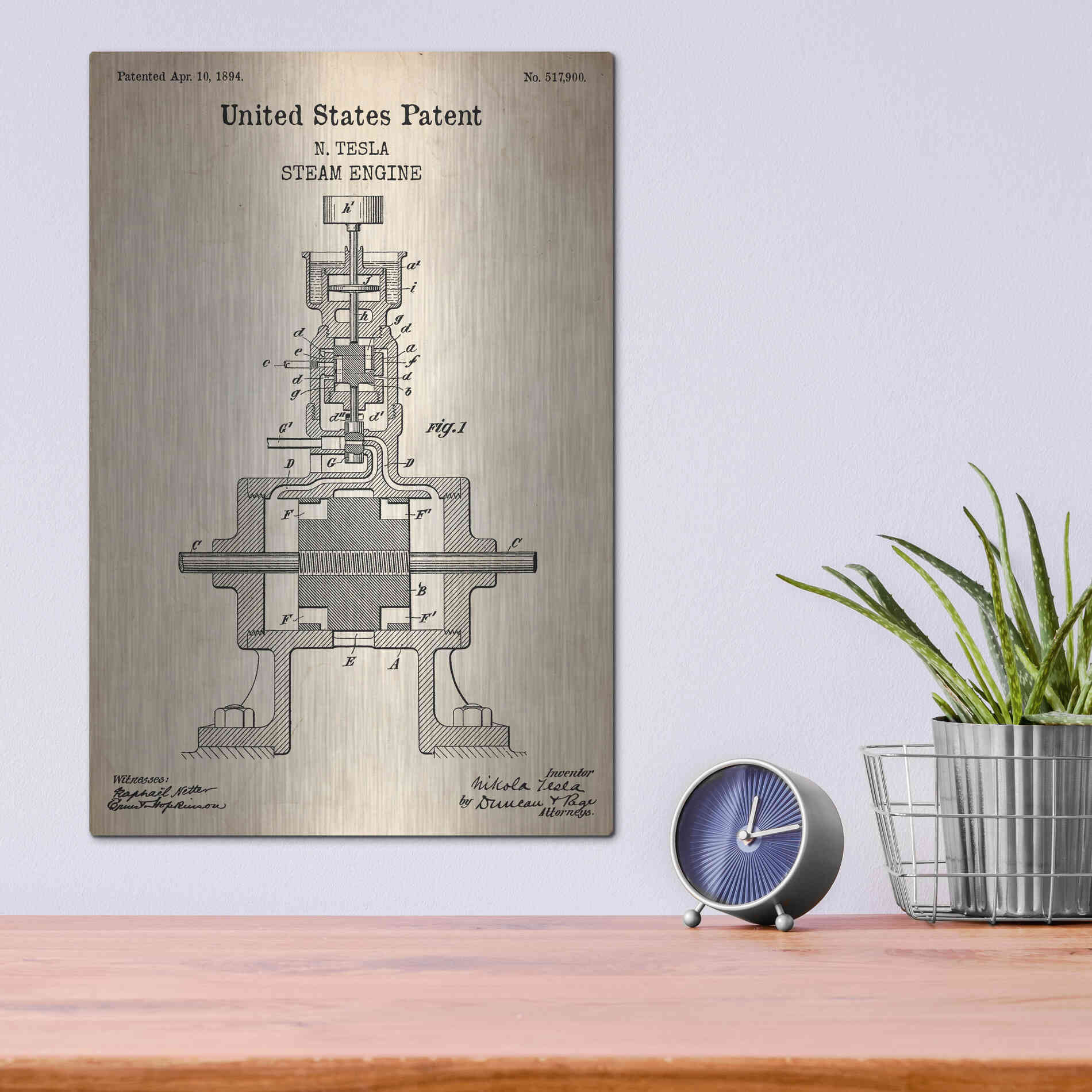 Luxe Metal Art 'Tesla Steam Engine Blueprint Patent Parchment' Metal Wall Art,12x16