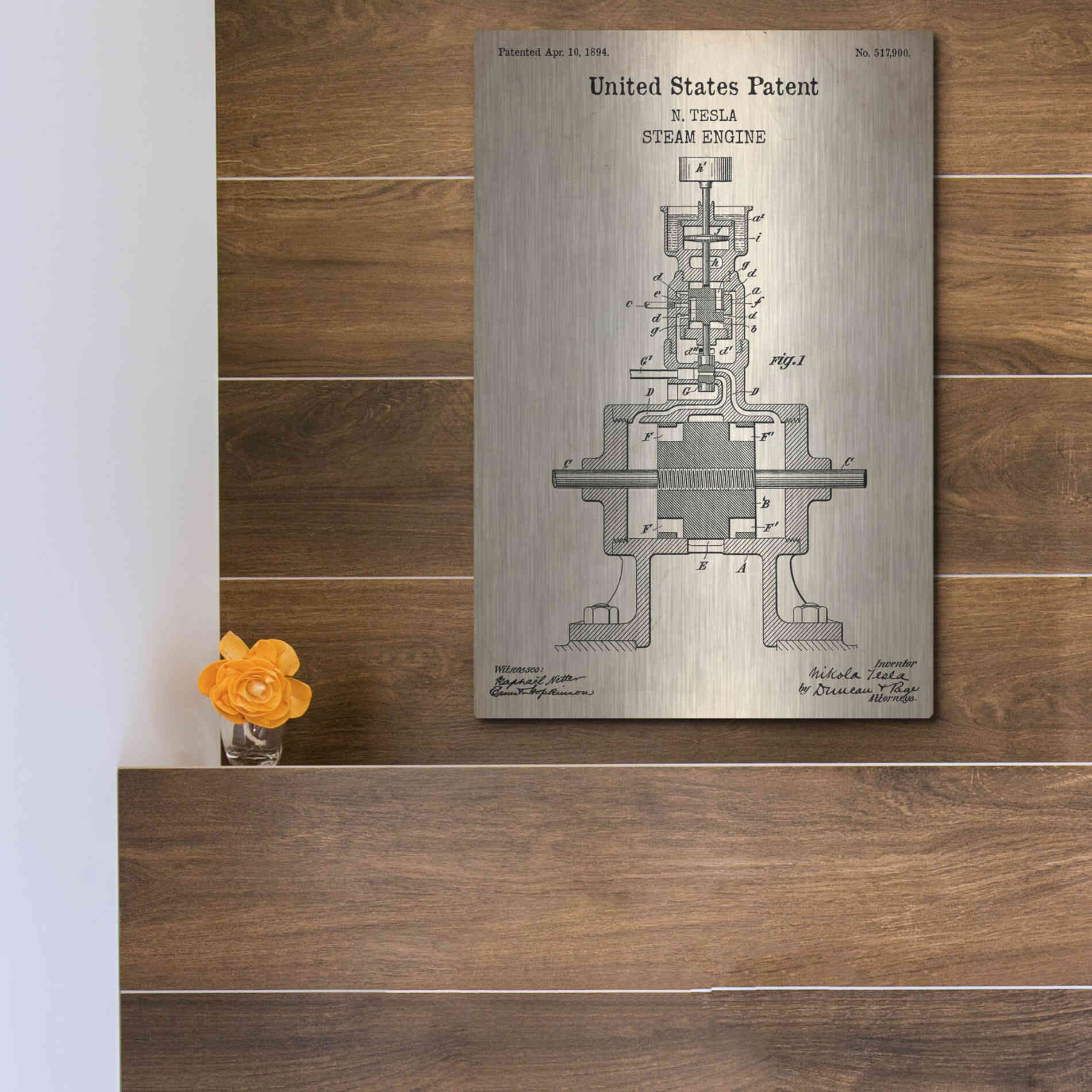 Luxe Metal Art 'Tesla Steam Engine Blueprint Patent Parchment' Metal Wall Art,12x16