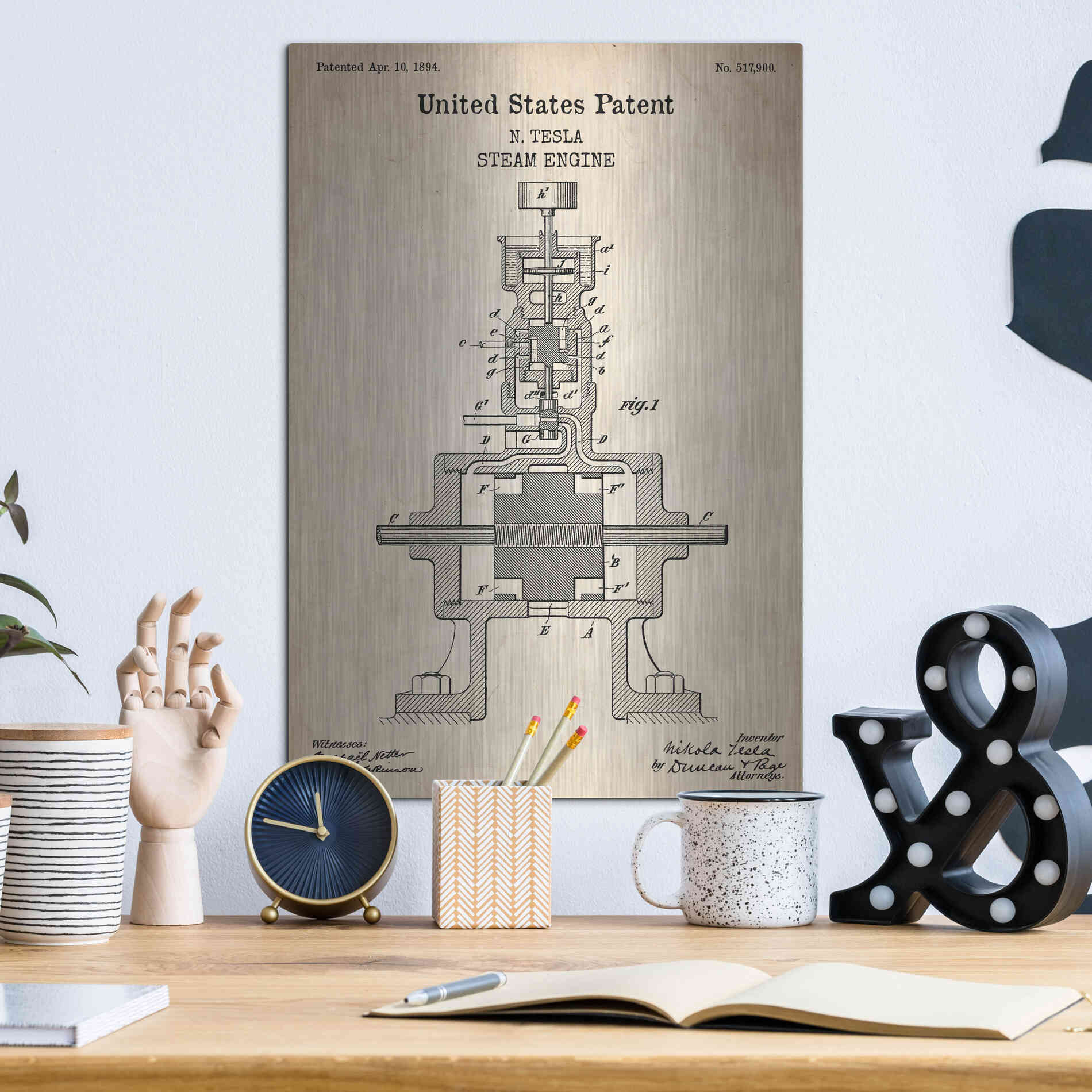 Luxe Metal Art 'Tesla Steam Engine Blueprint Patent Parchment' Metal Wall Art,12x16