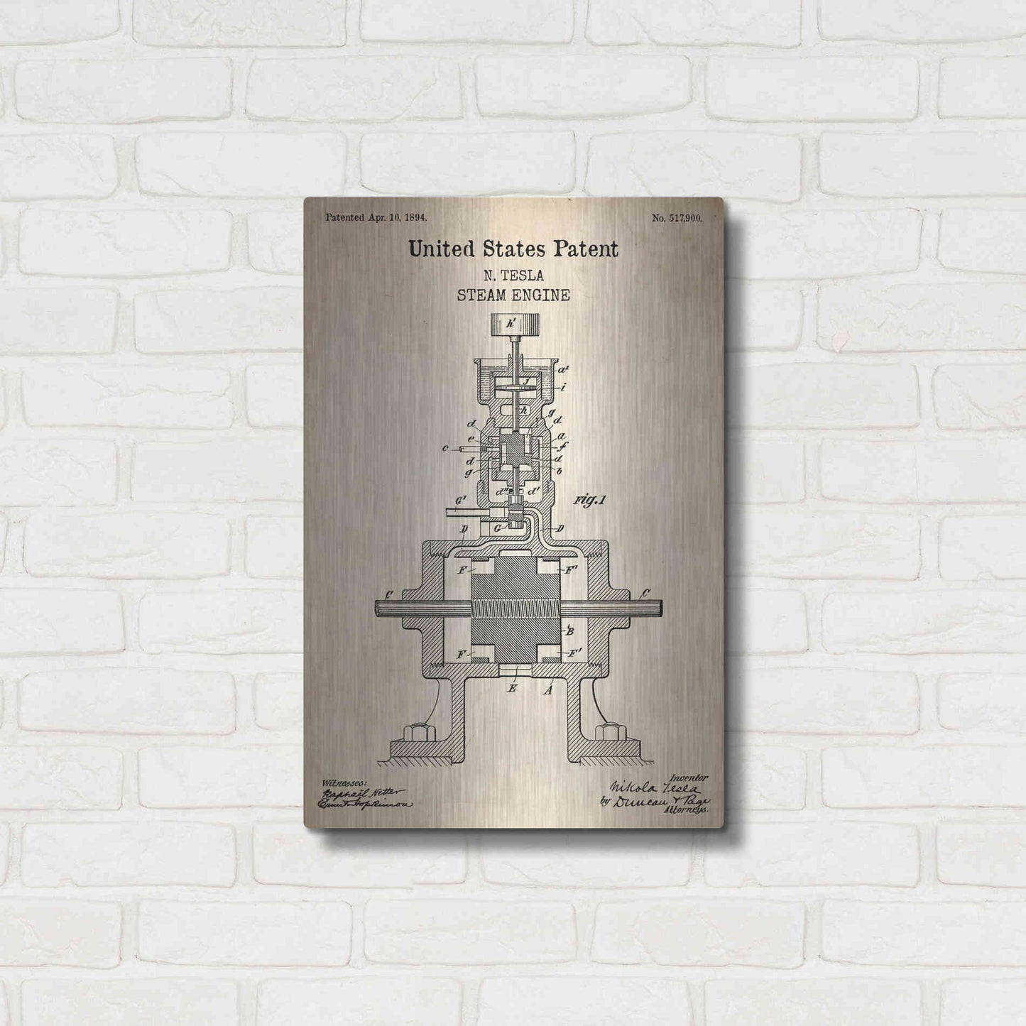 Luxe Metal Art 'Tesla Steam Engine Blueprint Patent Parchment' Metal Wall Art,16x24