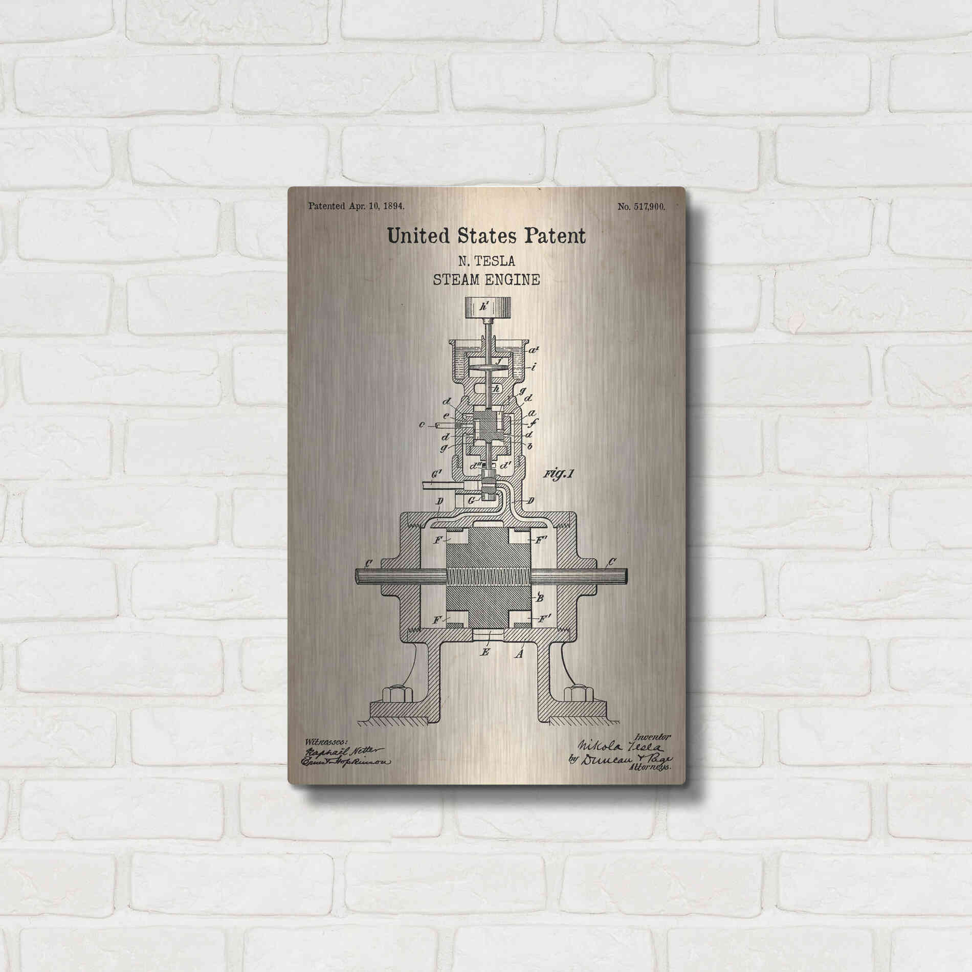 Luxe Metal Art 'Tesla Steam Engine Blueprint Patent Parchment' Metal Wall Art,16x24