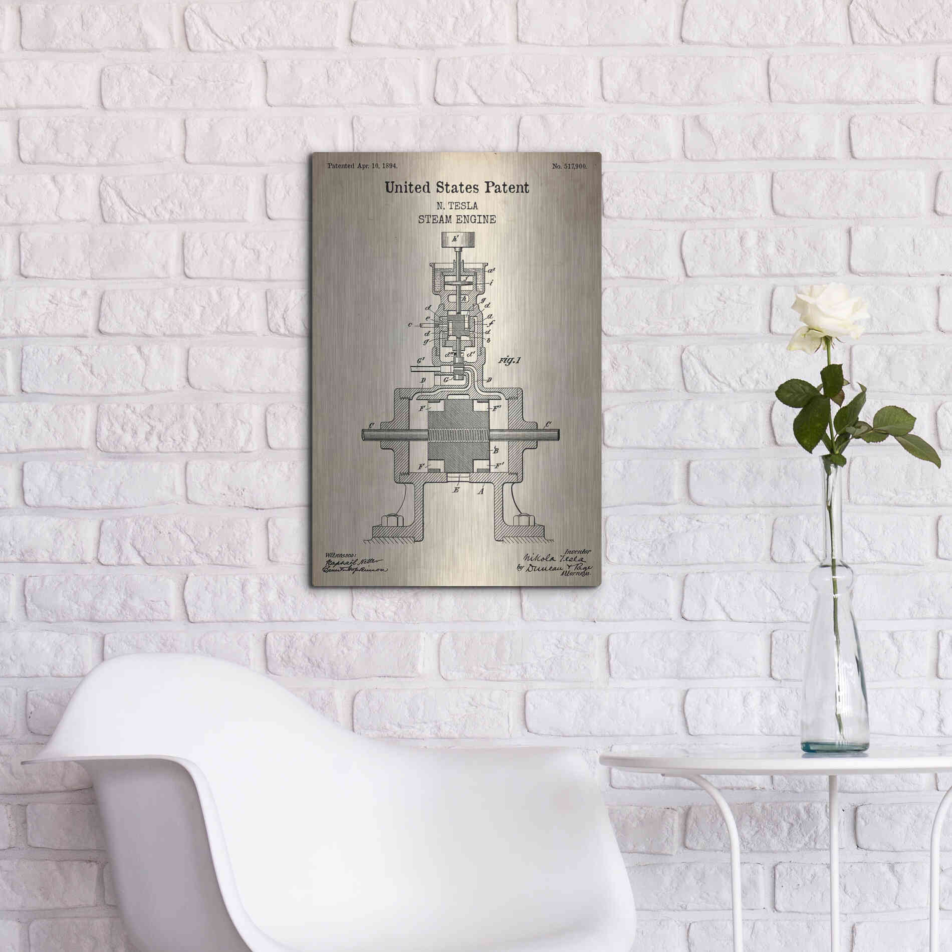 Luxe Metal Art 'Tesla Steam Engine Blueprint Patent Parchment' Metal Wall Art,16x24