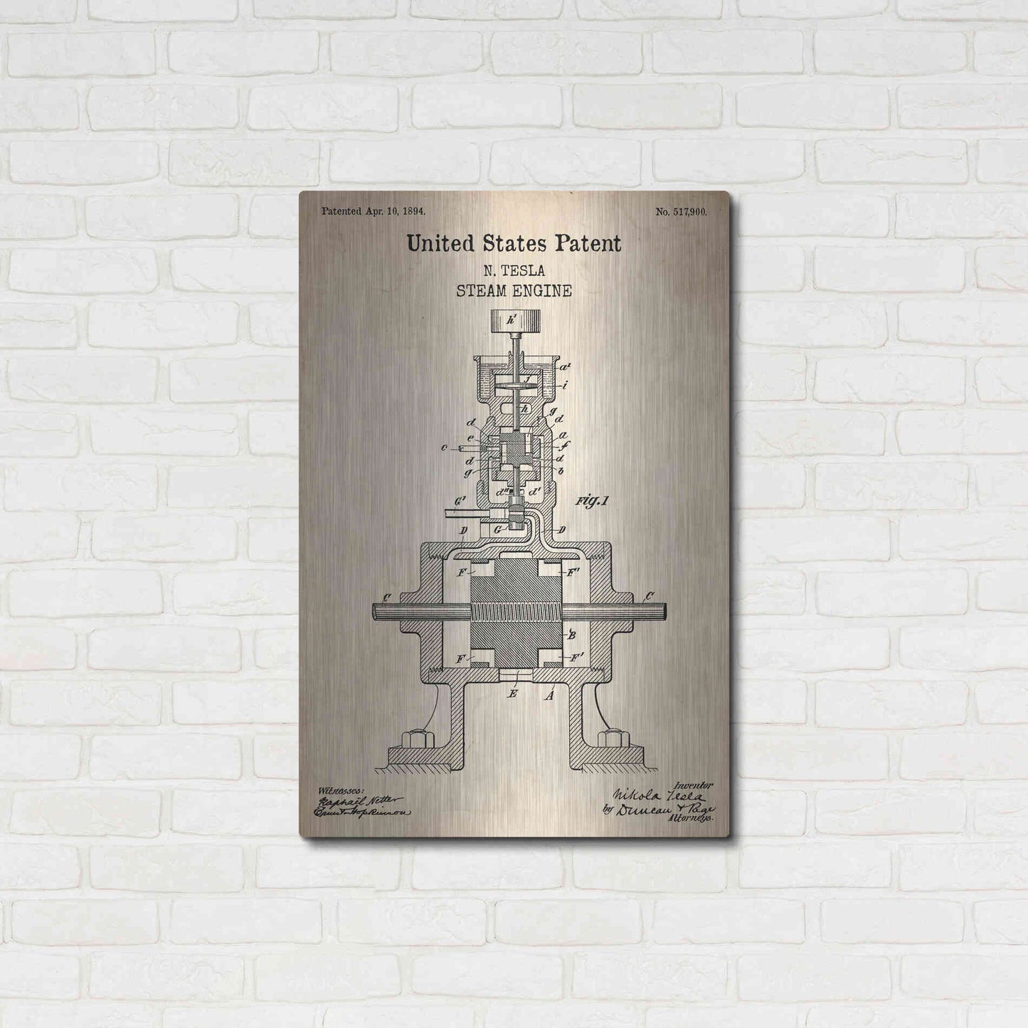 Luxe Metal Art 'Tesla Steam Engine Blueprint Patent Parchment' Metal Wall Art,24x36