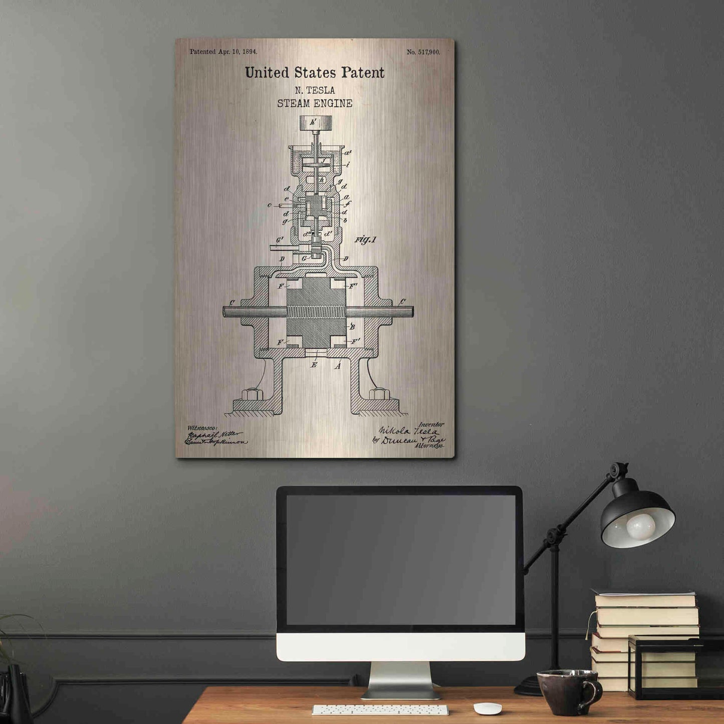 Luxe Metal Art 'Tesla Steam Engine Blueprint Patent Parchment' Metal Wall Art,24x36